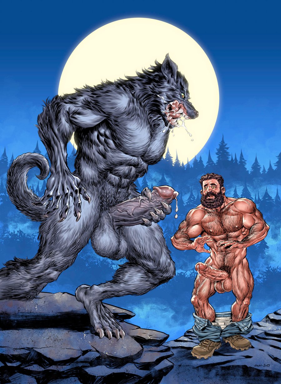 2023 2boys abs anthro arm_hair artist_name artist_signature balls ballsack beard big_balls big_penis black_fur body_fur body_hair boots brown_hair canine chest_hair curled_tail dated digital_media_(artwork) dripping drooling duo erection facial_hair footwear foreskin foreskin_folds forest full_moon furry_balls gay genitals grey_fur hairy_balls hairy_male hi_res holding_penis human humanoid_penis intact larger_anthro larger_male leg_hair logan_(artist) logan_kowalsky looking_down_at_partner looking_forward male male/male male_nipples male_only male_pubic_hair mammal manly masculine masturbation mature_male moon mostly_nude_male muscles muscular_anthro muscular_human muscular_male mustache night nude_male open_mouth orgasm pants pants_down pecs penis plant precum precum_drip pubes retracted_foreskin rock saliva saliva_drip scrotum shaggy_fur sharp_teeth shirtless size_difference smaller_human smaller_male tail teeth testicles tree uncut underwear veiny_penis were werecanid werecanine werewolf wolf yellow_eyes