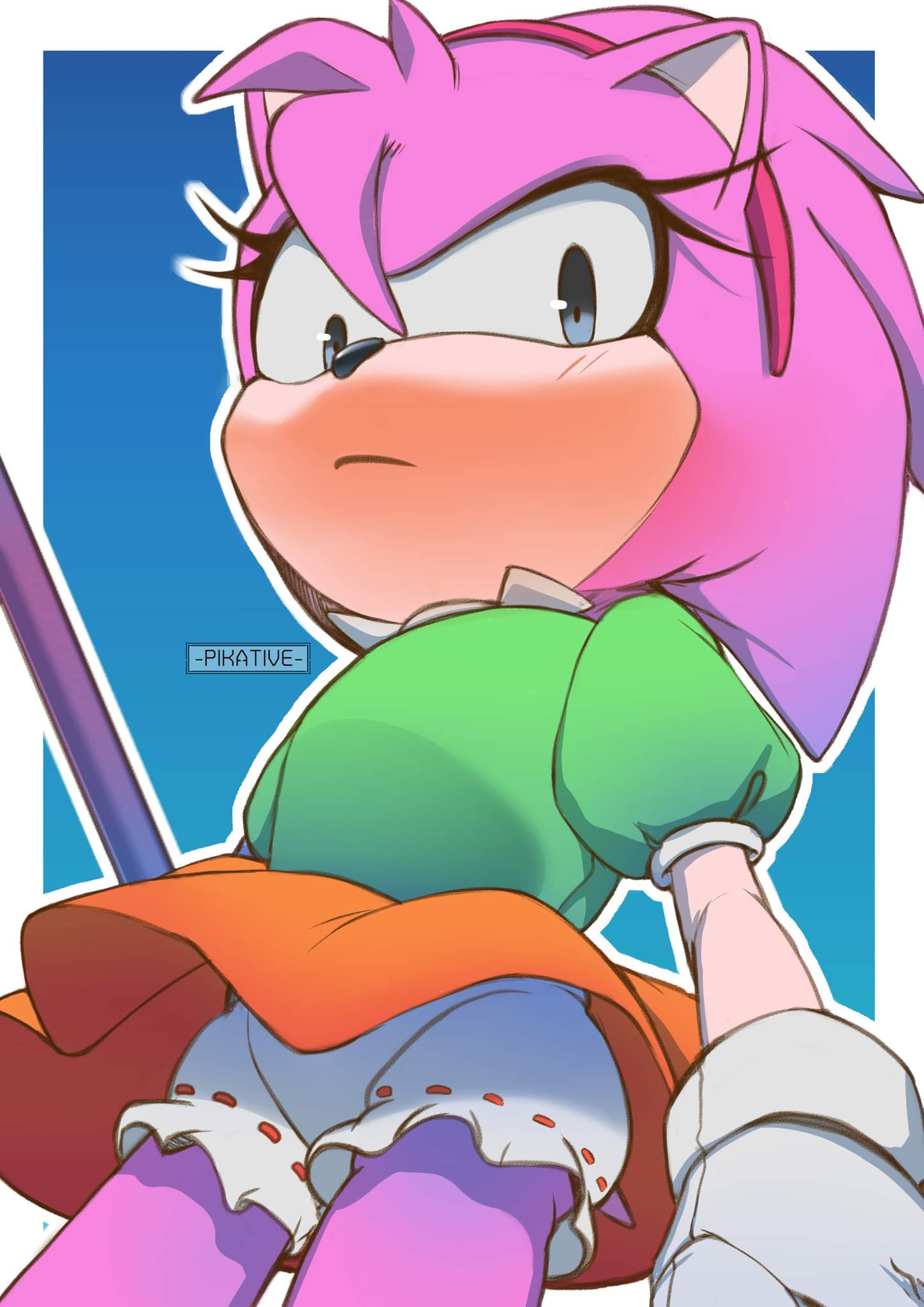 1girls 2022 amy_rose anthro bloomers bloomers_(victorian) blue_eyes blush classic_amy_rose classic_sonic_(universe) dress eyelashes female fully_clothed hedgehog looking_at_viewer low-angle_view pantaloons pikative pov pov_eye_contact solo sonic_(series) underwear upskirt worm's-eye_view