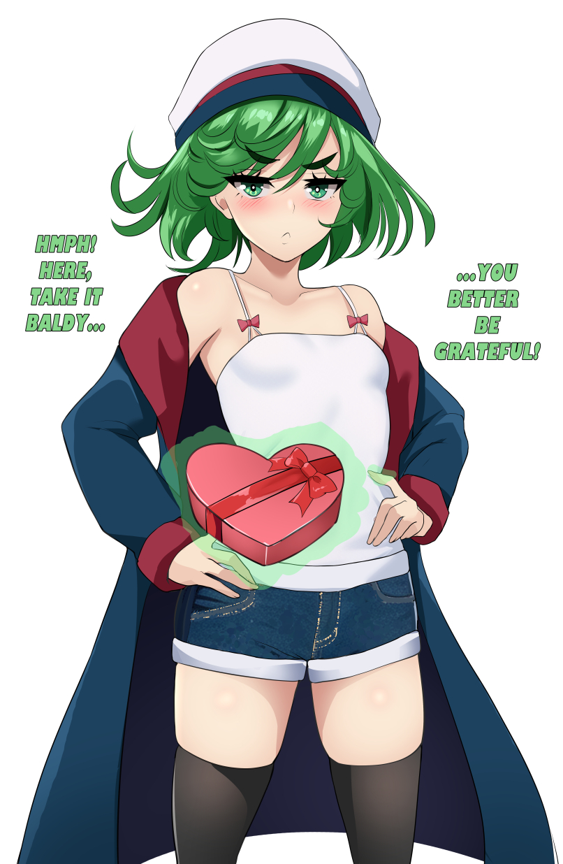 1girls, angry, bare shoulders, bare thighs, breasts, chocolate, coat, collarbone, english text, female, frown, gift, green hair, hair between eyes, hat, heart, lainart, looking at viewer, one-punch man, shorts, shoulders, skindentation, small breasts, solo, standing, tatsumaki, telekinesis, text, thighhighs, thighs, tsundere, valentine, valentine's day, white background