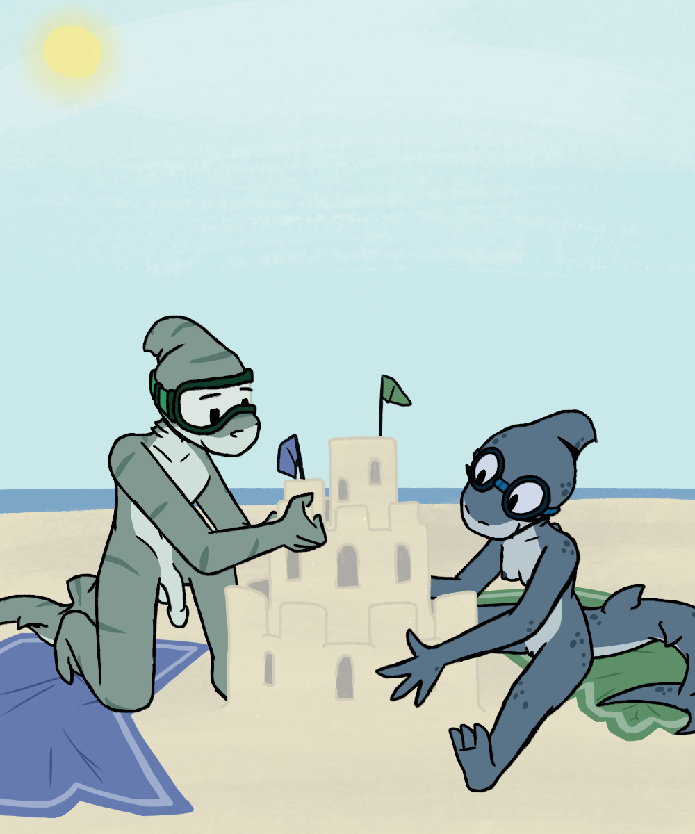 anthro beach beach_towel breasts casual_nudity countershading duo eyewear female fish genitals goggles goggles_(character) hi_res male marine non-mammal_breasts non-mammal_pussy nonsexual_nudity pussy sand_castle sculpture seaside sevens_artchive shark towel wholesome