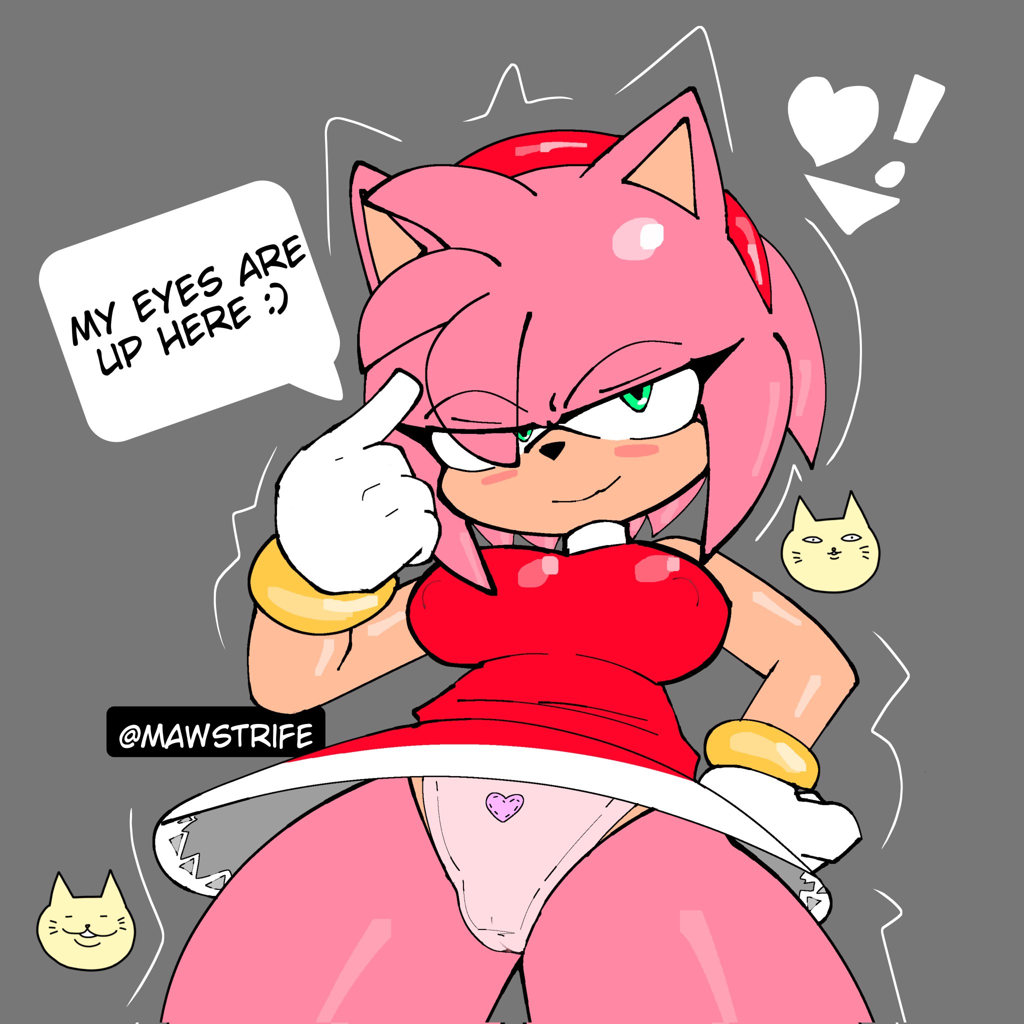 amy rose, anthro, blush, cameltoe, english text, female, looking at viewer, mawstrife, narrowed eyes, nipple bulge, panties, pussy, solo, sonic (series), talking to viewer, upskirt