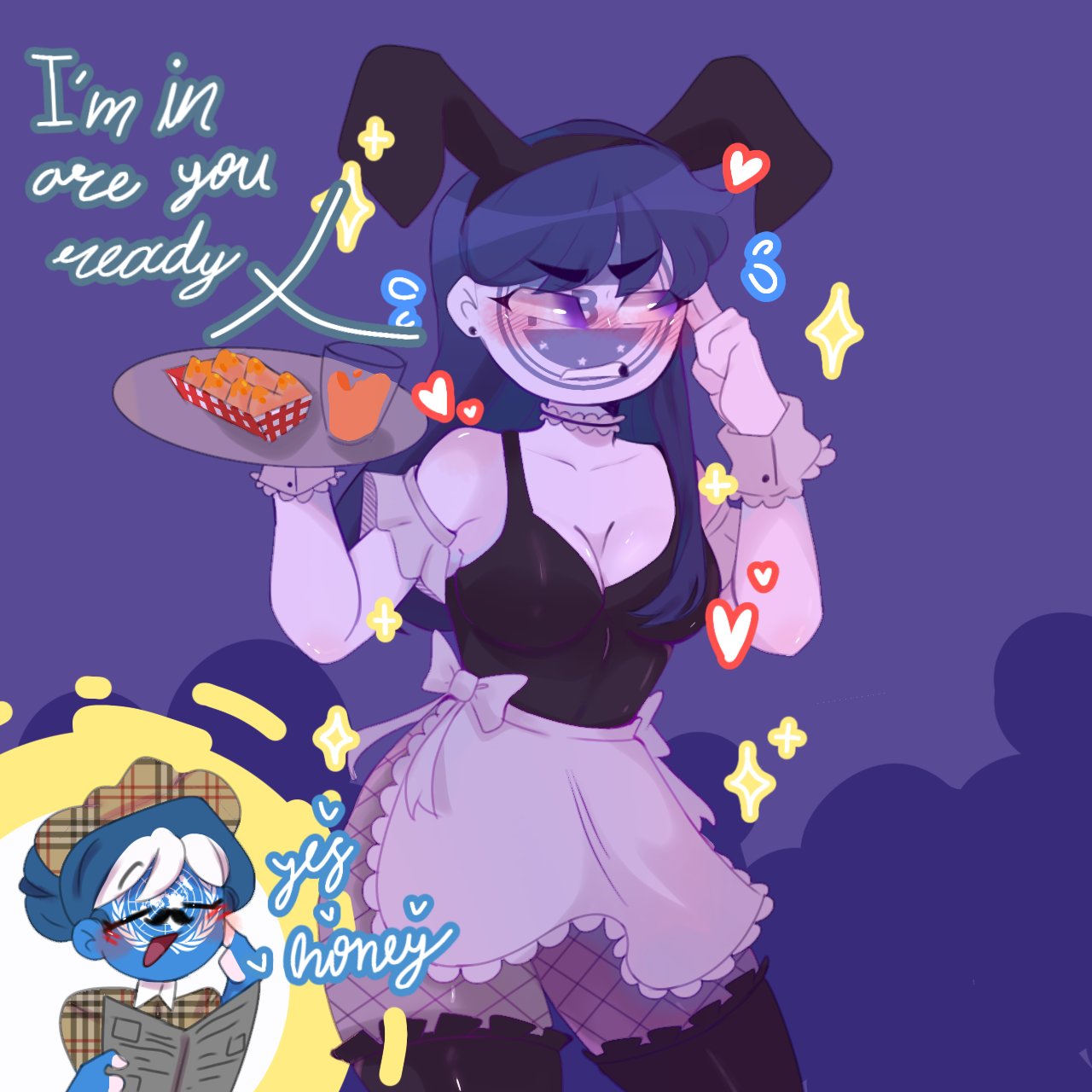 bunnysuit cleavage countryhumans countryhumans_girl detective disguised fbi_(countryhumans) fbi_countryhumans fishnets maid party serving_tray thighhighs united_nations_(countryhumans)