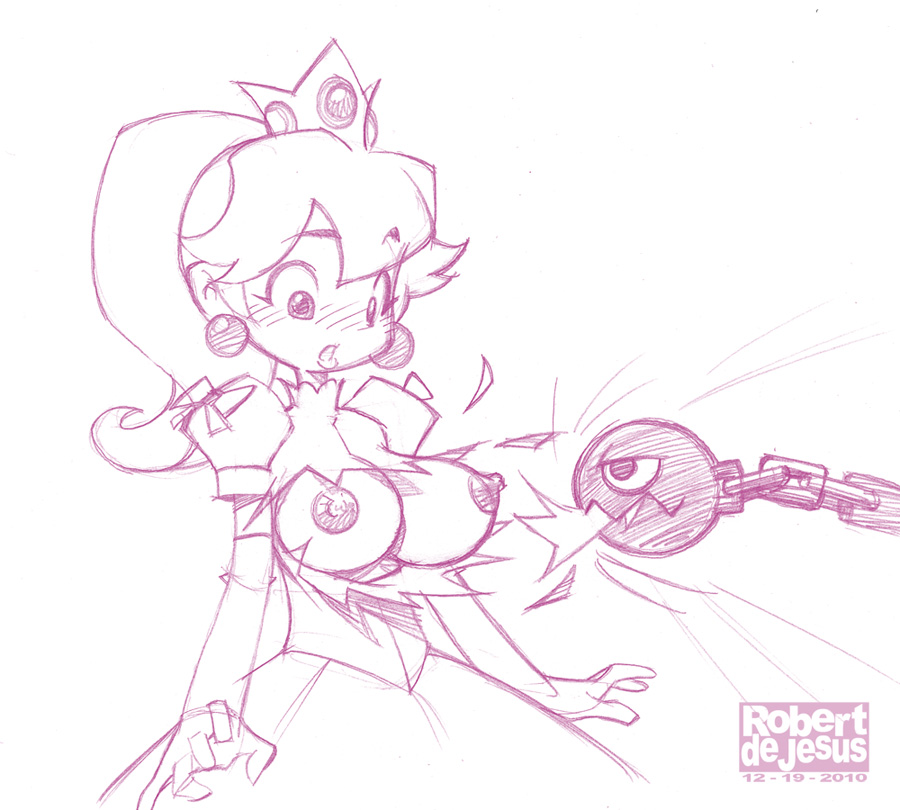 blush breasts breasts_out chain_chomp clothes crown ear_piercing female mario_(series) monochrome nintendo nipples piercing princess_peach robert_dejesus sketch tagme torn_clothes