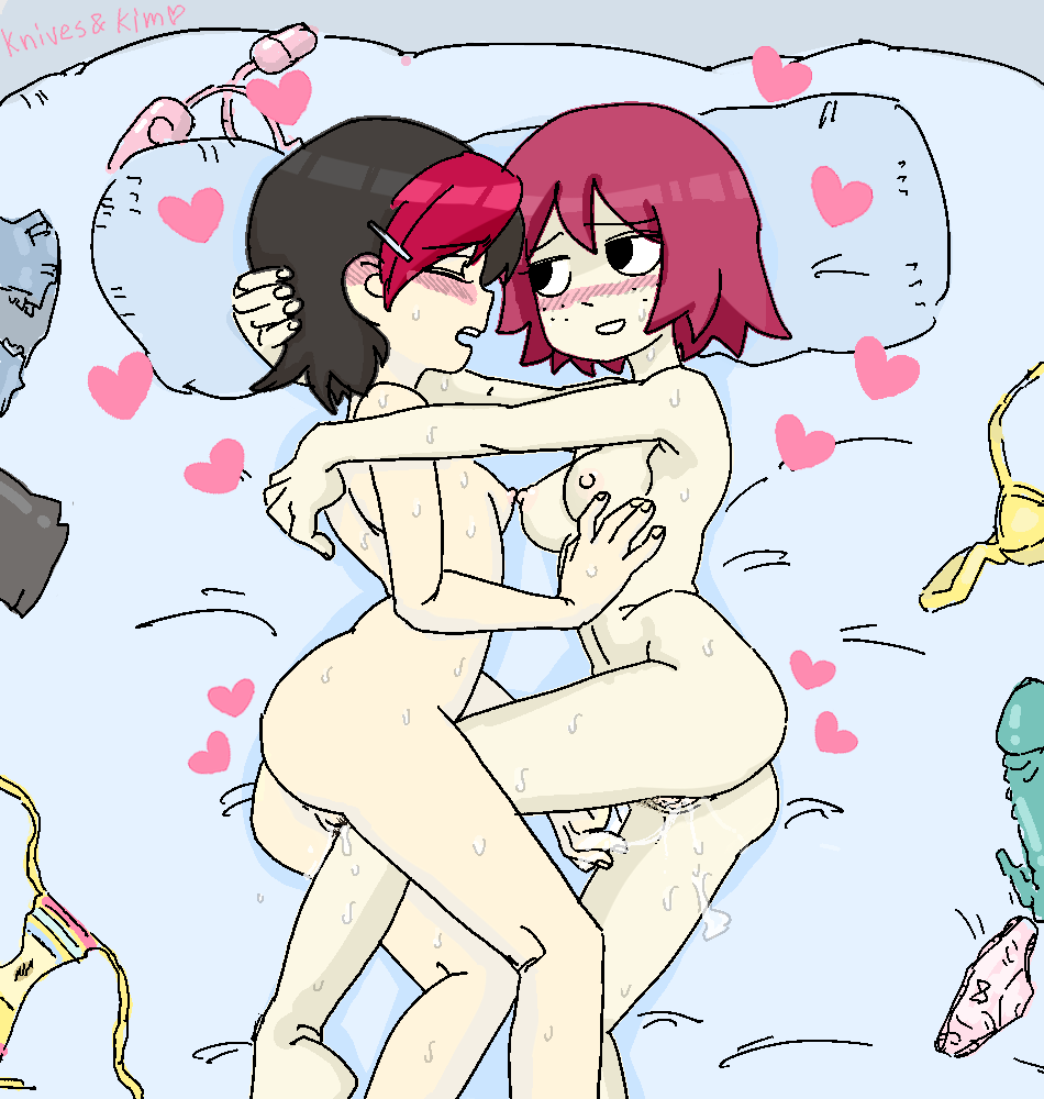 2girls artist_request bed blush bra bra_aside brassiere colored_hair cum dildo dyed_hair fingering hand_on_neck kim_pine knives_chau multiple_girls nude oekaki on_bed panties scott_pilgrim sweat vibrator yuri