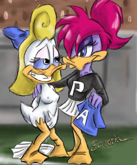 2girls anthro avian blonde_hair blue_eyes cheerleader duck escoria loon margot_mallard multiple_girls nude purple_hair shirley_the_loon skirt soft_feathers tiny_toon_adventures