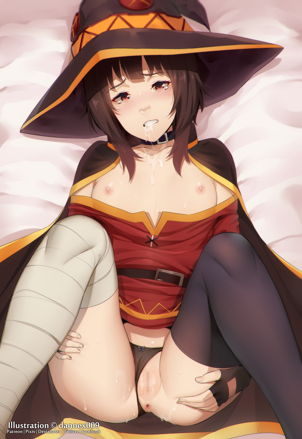 anus artist_name ass bandaged_leg bandages bangs belt black_belt black_gloves black_headwear black_panties breasts brown_cape cape censored dannex009 dress female fingerless_gloves gloves hat highres knees_up kono_subarashii_sekai_ni_shukufuku_wo! megumin mosaic_censoring nipples panties panties_aside pussy red_dress shiny_skin single_thighhigh small_breasts solo thighhighs underwear witch_hat