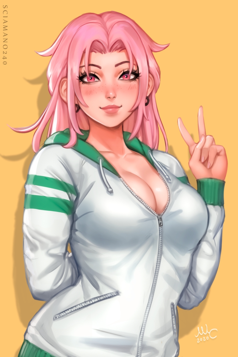 big_breasts chloe_(sciamano240) female_only freckles looking_at_viewer mirco_cabbia oc original original_character peace_sign pink_eyes pink_hair sciamano240 smile smiling smiling_at_viewer sweater v