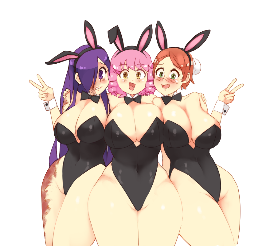 3girls blush bow_tie breasts bunny_ears bunnysuit burn_scar curvaceous curvy curvy_female curvy_figure female female_only freckles golden_eyes green_eyes ikezawa_hanako katawa_shoujo large_breasts mikado_shiina multiple_females multiple_girls nervous orange_hair peace_sign pink_hair purple_eyes purple_hair rtil scars shirakawa_yuuko thick_thighs thighs voluptuous white_background