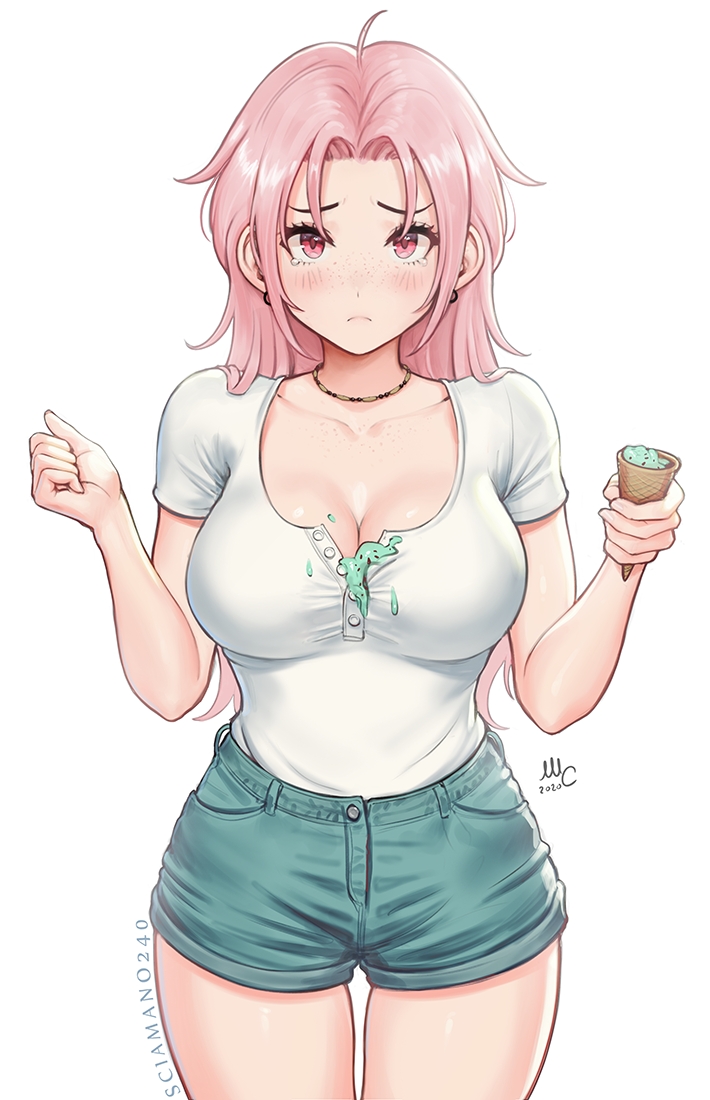 1girls bare_hips big_breasts blush blushing_at_viewer chloe_(sciamano240) clumsy female female_only food_on_body freckles ice_cream jeans looking_at_viewer mirco_cabbia original original_character pink_eyes pink_hair sad sad_face sciamano240 short_jeans solo solo_focus tear white_background white_shirt wide_hips