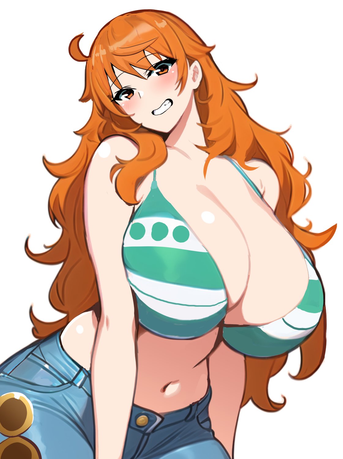 1girls, 2023, big breasts, bikini, bikini top, blush, breasts, cleavage, clenched teeth, clothed, clothing, female, female only, happy, hi res, high resolution, highres, hihumi123, huge breasts, human, jeans, light skin, light-skinned female, long hair, looking at viewer, nami (one piece), one piece, orange eyes, orange hair, orange-haired female, post-timeskip, simple background, sitting, smile, smiling at viewer, solo, solo female, striped bikini, white background