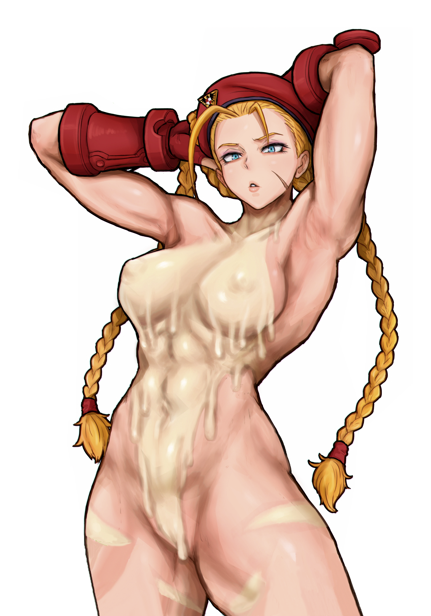 1girls, armpits, arms behind head, big breasts, blonde hair, blue eyes, braid, breasts, busty, cammy white, capcom, chocolate, covered erect nipples, female, female only, hershuar, highres, large breasts, legs, lipstick, long hair, looking at viewer, makeup, nude, parted lips, pose, posing, sensual, sexy armpits, solo, street fighter, thick thighs, thighs, toned, twin braids, voluptuous