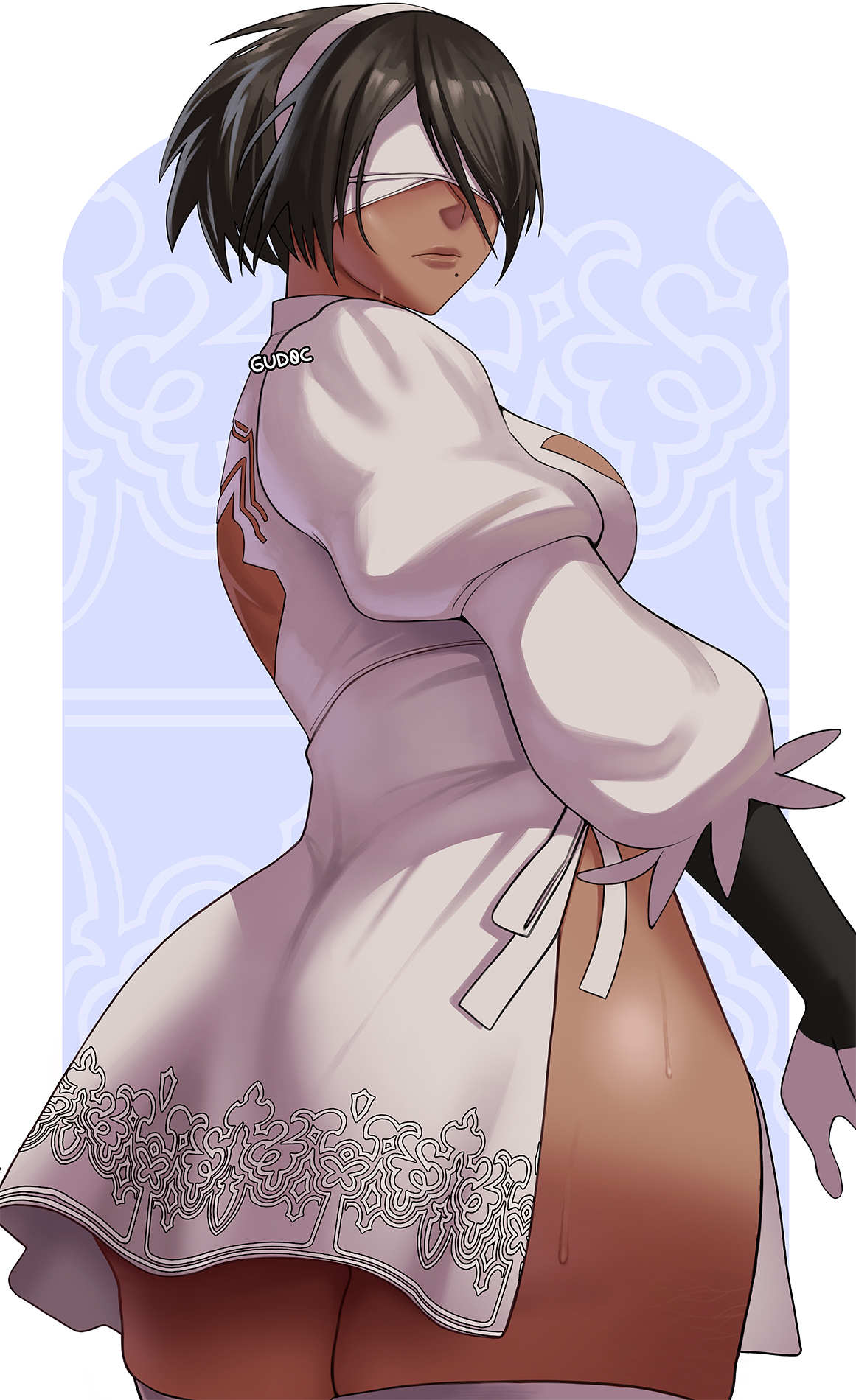 1girls, android, ass, back view, big ass, blindfold, dark skin, dark-skinned female, female, female only, fully clothed, gud0c, nier: automata, robot, robot girl, solo, tagme, wide hips, yorha 2p