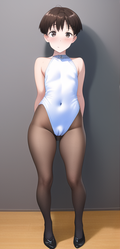 1boy, 2023, 2d, 2d (artwork), ai generated, bulge, female, femboy, feminized male, high heels, leotard, light skin, light-skinned male, looking at viewer, male, male only, male protagonist, neon genesis evangelion, pantyhose, penis, shinji ikari, shortstack, small penis, smile, smiling at viewer, solo, solo female, standing, totallyalive