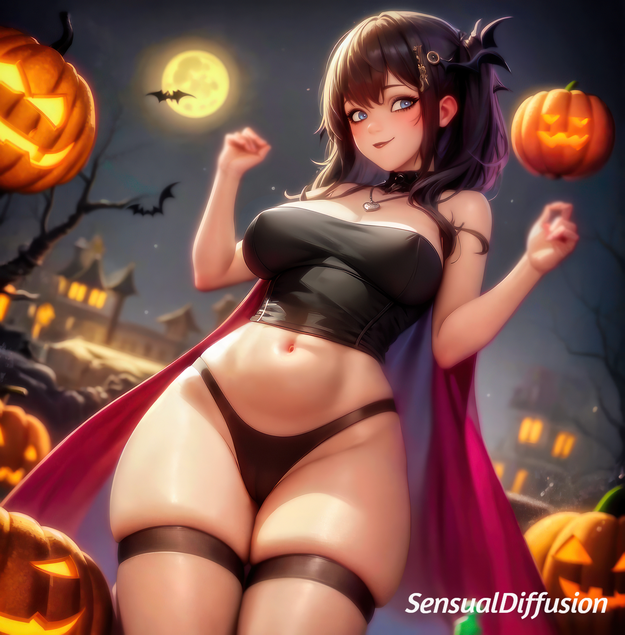1girls, ai generated, blue eyes, blush, breasts, choker, female, halloween, halloween costume, jack-o'-lantern, looking at viewer, moon, navel, night, outdoors, pinup, solo, thighhighs, trick or treat