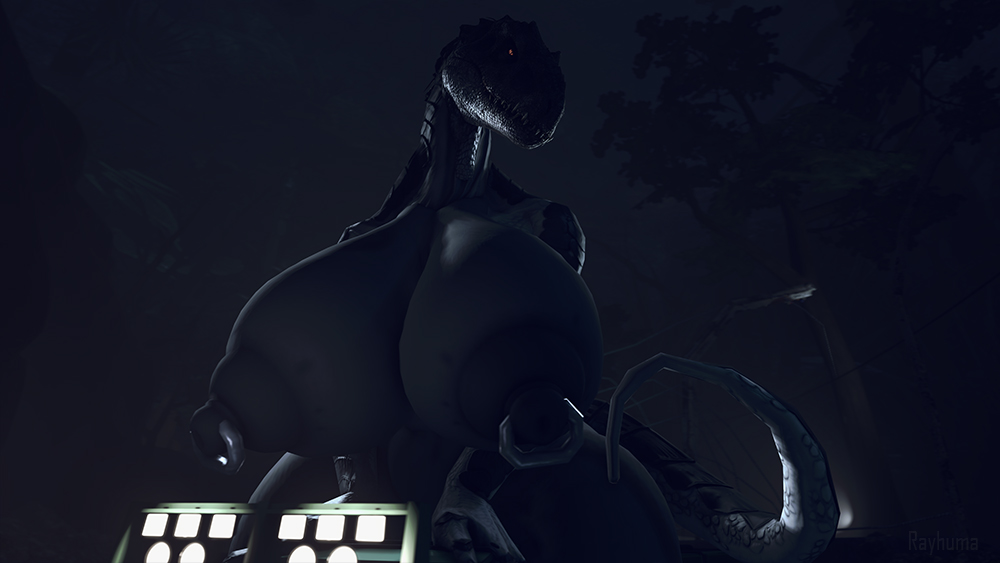 3d, anthro, breasts, dinosaur, female, huge breasts, indominus rex, jungle, jurassic park (franchise), jurassic world, naked, night, nipple piercing, nipples, piercing, rayhuma, solo