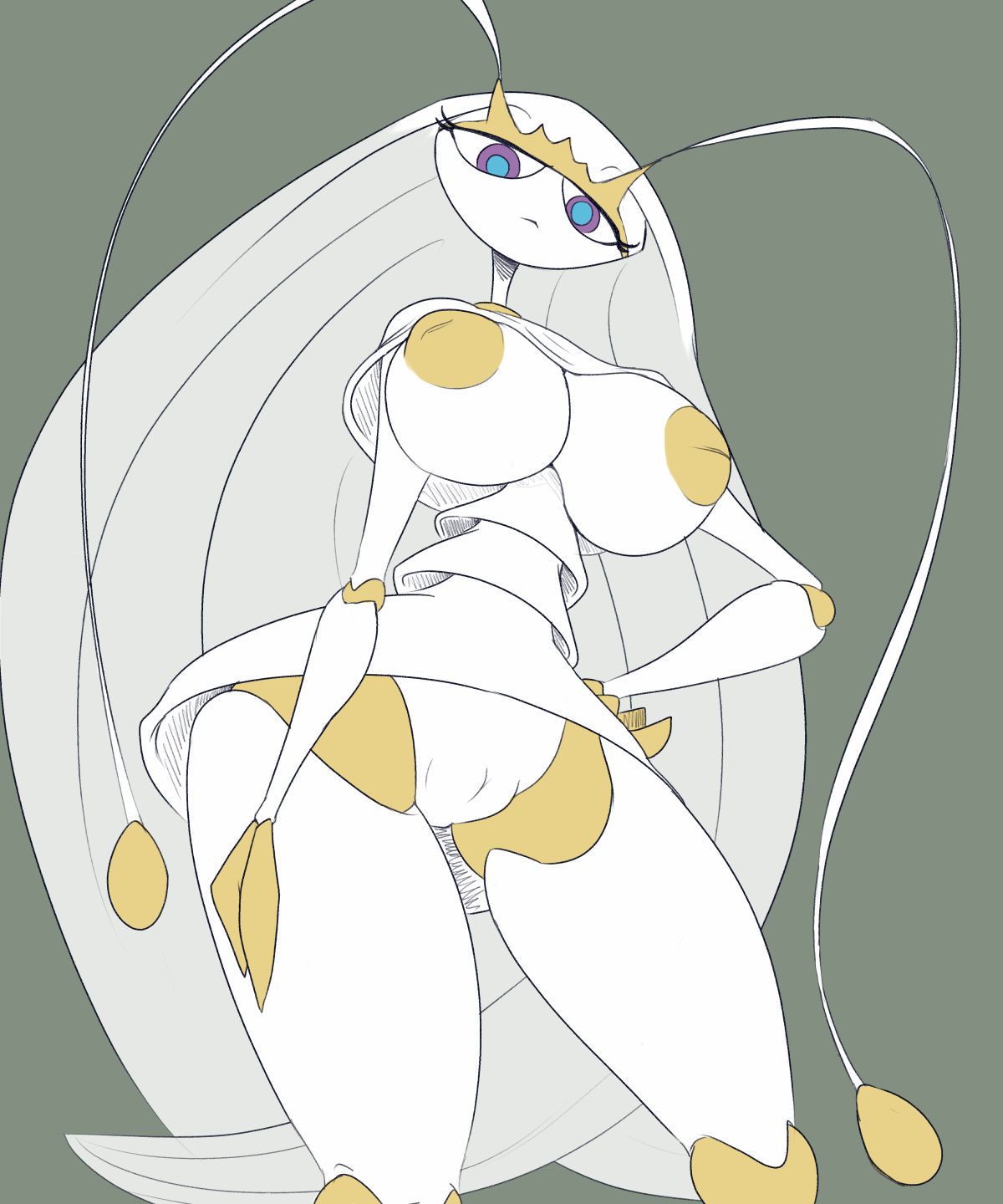 antennae_(anatomy) anthro areola arthropod athletic_female big_breasts blue_eyes breasts female generation_7_pokemon genitals grey_background hi_res imric1251 insect_girl inverted_nipples nintendo nipples pheromosa pokémon_(species) pokemon pokemon_(species) pussy simple_background skirt solo standing ultra_beast white_body yellow_areola yellow_nipples