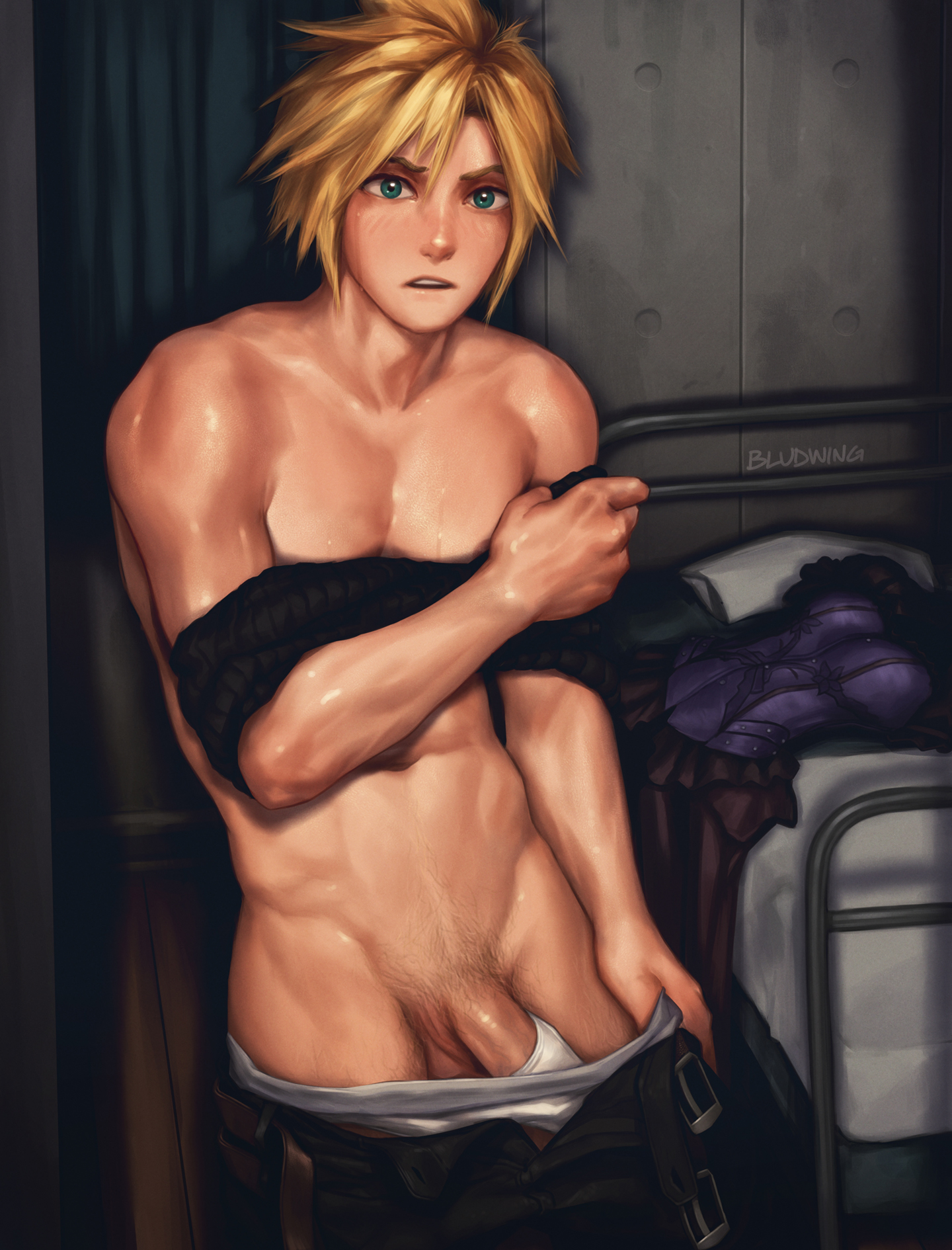 1boy, blonde hair, bludwing, cloud strife, color, dick, final fantasy, final fantasy vii, gay, gay male, human, male, male only, penis, penis peek, short hair, solo, standing, surprised, undressing, yaoi