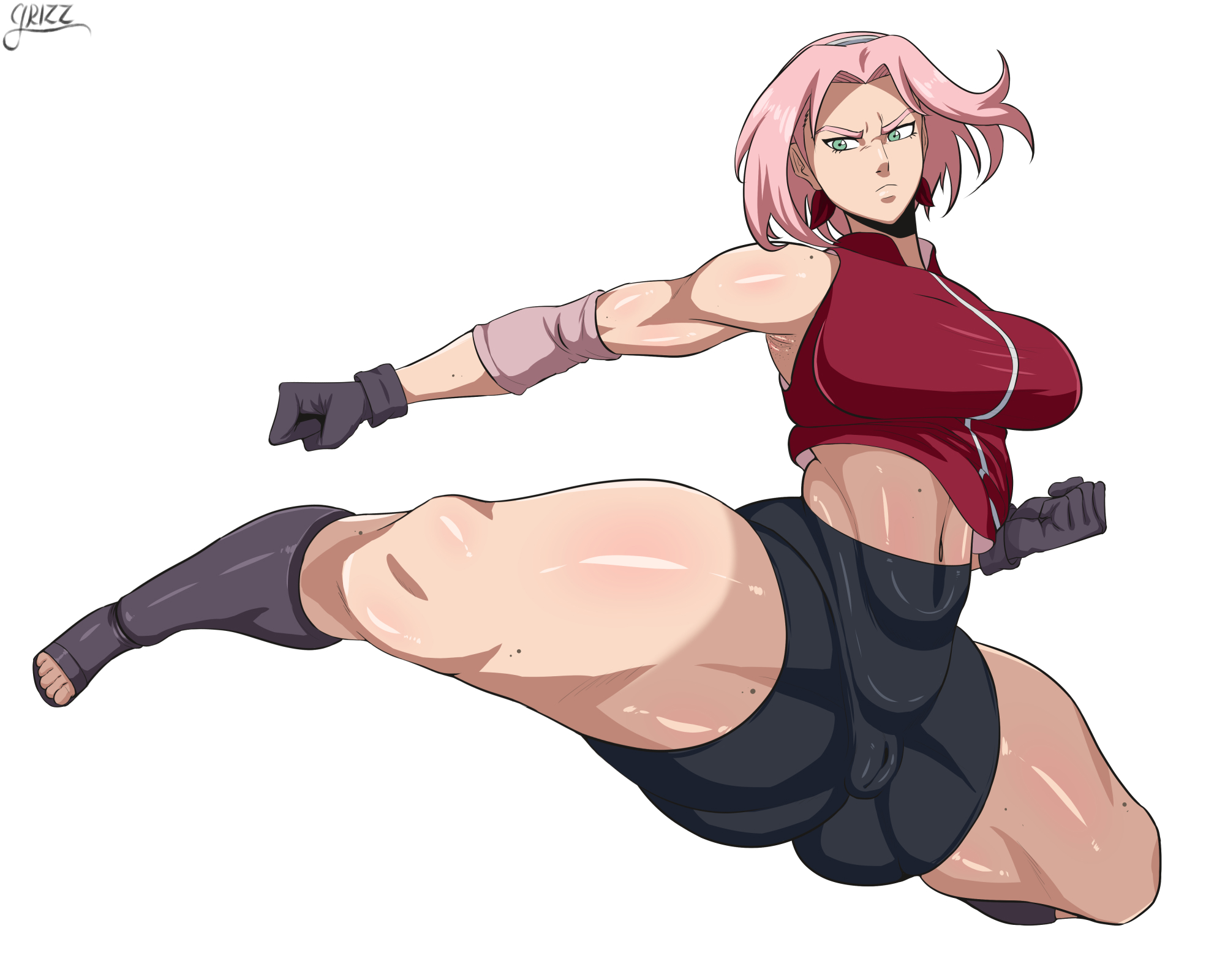 1girls, alternate breast size, armpit stubble, ass, big ass, big breasts, bike shorts, boots, breasts, cameltoe, clenched fist, clenched hand, crop top, elbow pads, feet, female, female only, fighting, fighting pose, fighting stance, fully clothed, gloves, grizzlyart, jumping, kicking, kunoichi, long hair, midriff, naruto, naruto (series), naruto shippuden, ninja, no panties, open toe shoes, pink hair, pink-haired female, pussy, sakura haruno, shirt, solo, solo focus, spread legs, thick thighs, tight clothing, voluptuous, white background