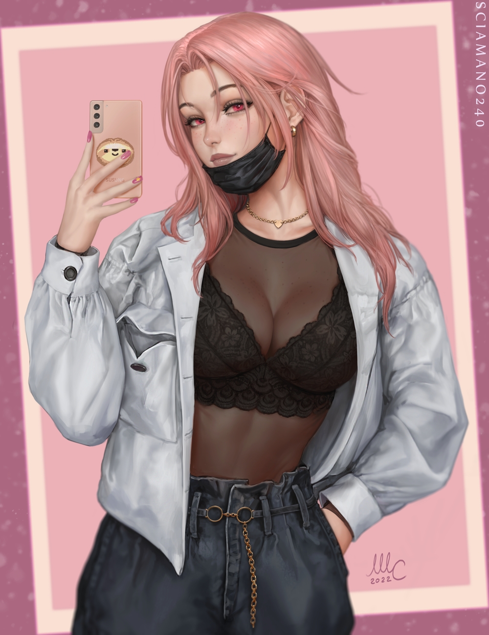 big_breasts black_bra chloe_(sciamano240) covid-19_pandemic freckles looking_at_viewer mask masked masked_female mirco_cabbia oc original original_character pink_eyes pink_hair sciamano240 see-through_clothing selfie smartphone smile smiling smiling_at_viewer