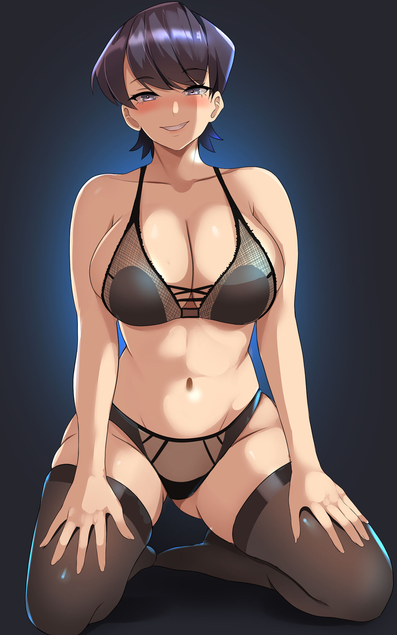 1girls, 2023, 2d, 2d (artwork), adult female, ass visible through thighs, big breasts, black lingerie, blush, breasts, brown hair, condom, condom in hand, dark background, fair skin, fair-skinned female, female, female only, heart, human, human female, human only, kneeling, komi shuuko, komi-san wa komyushou desu, lainart, large breasts, light skin, light-skinned female, lingerie, long hair, looking at viewer, married female, mature female, milf, mom, nipples, no sex, not ai generated, pinup, pov, pov eye contact, purple eyes, realistic proportions, short hair, smile, smiling, smiling at viewer, solo, solo female, thick thighs, thighhighs, thighs