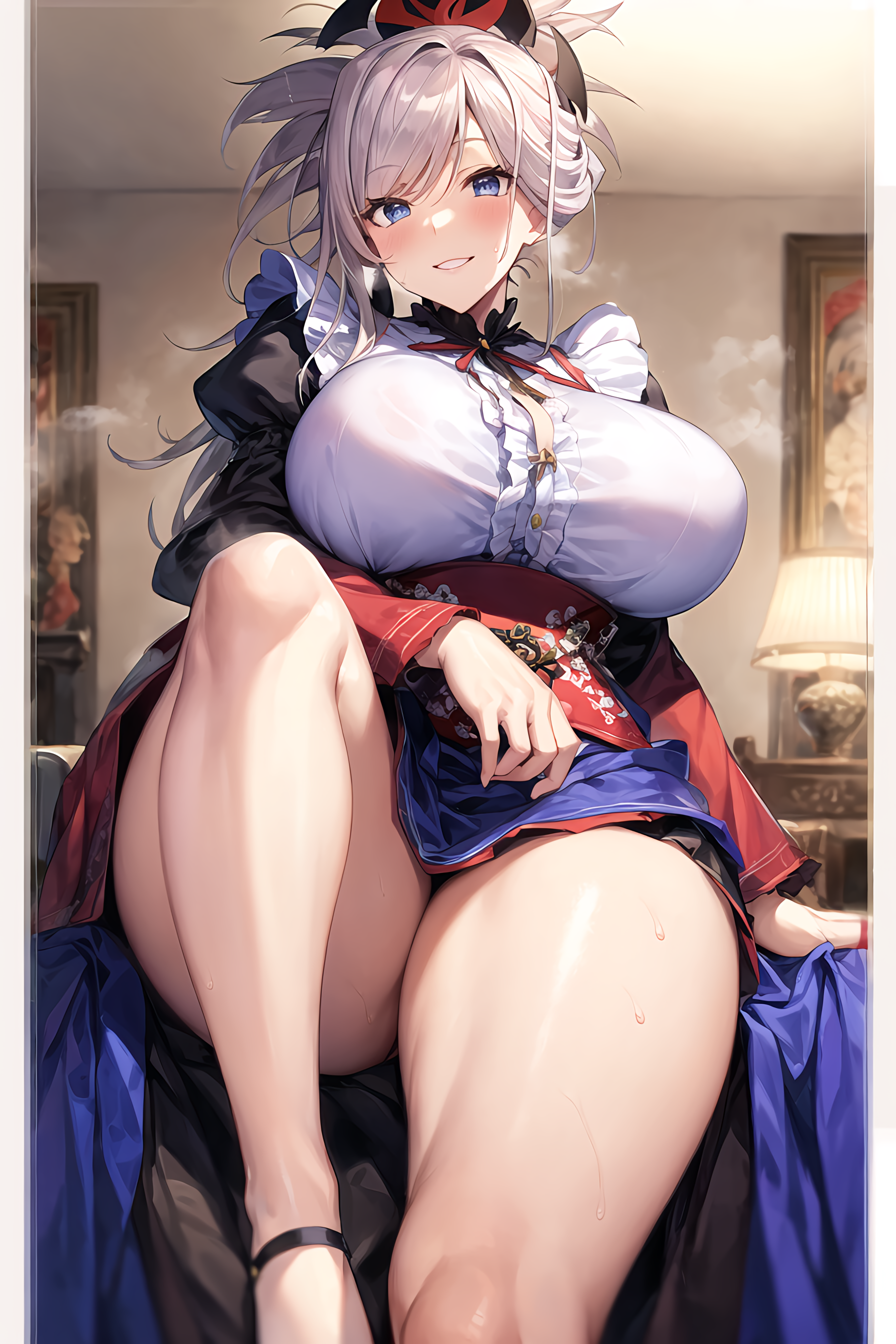 1girls, ai generated, asymmetrical hair, blue eyes, blush, breasts, fate (series), fate/grand order, female, huge breasts, large breasts, light skin, light-skinned female, maid, maid outfit, maid uniform, miyamoto musashi (fate), pink hair, stable diffusion, thick thighs, tied hair, voluptuous, wide hips