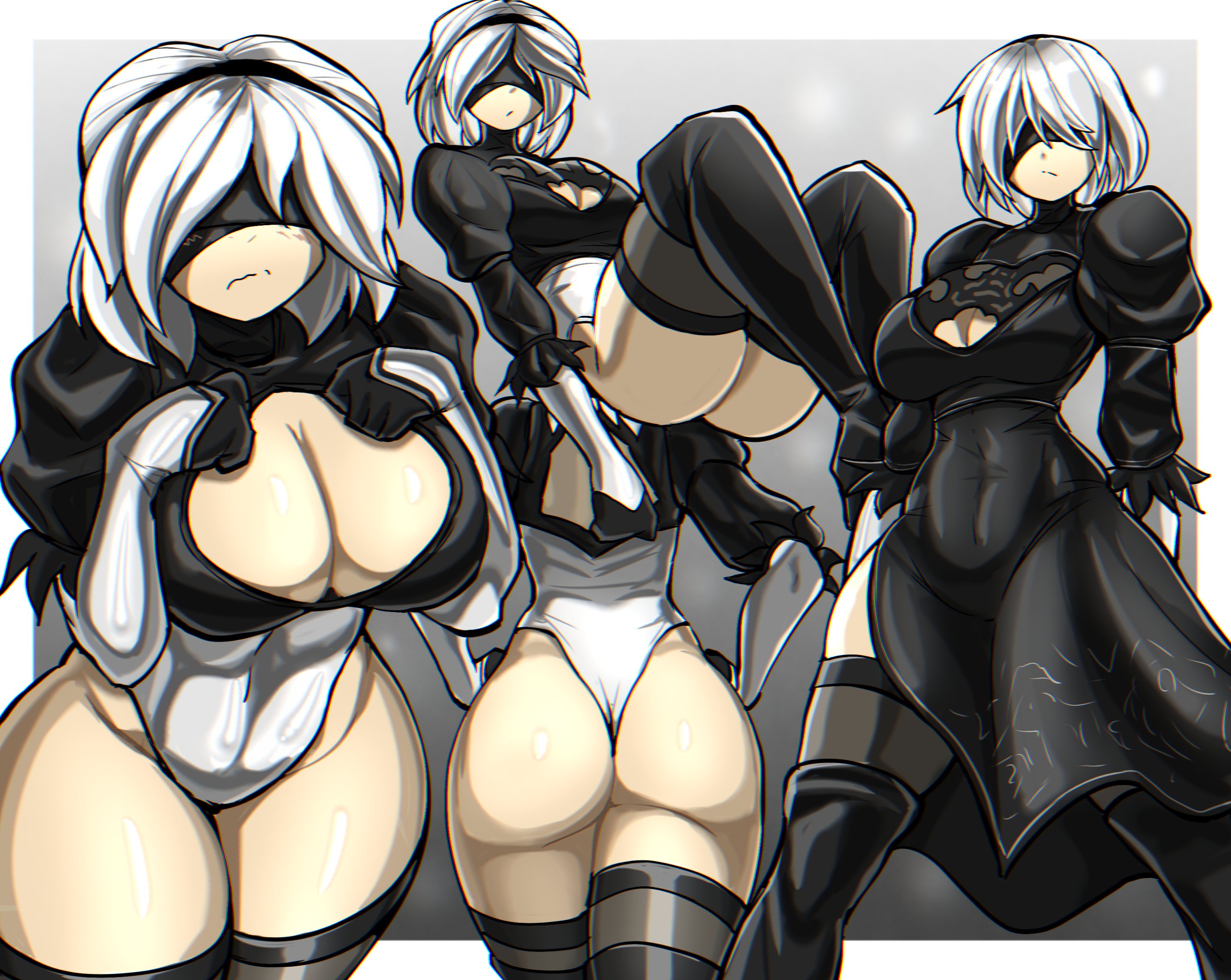 1girls, android, ass, big ass, big breasts, blindfold, breasts, bubble ass, bubble butt, cleavage, dress, female, female only, hands on hips, leotard, looking at viewer, nier: automata, robot, robot girl, solo, thick thighs, thighhighs, white hair, wide hips, yorha 2b, zzzhodazzz