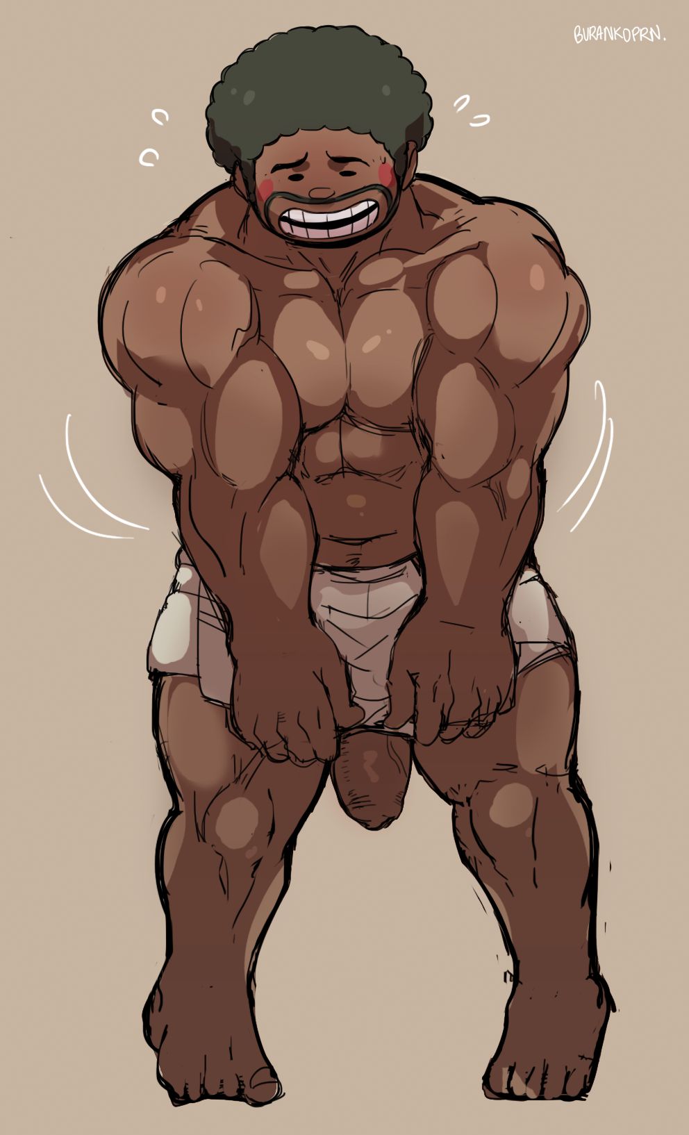 1boy bara blush buranko! burankoprn daisaku_bandai danganronpa danganronpa_3 dark-skinned_male dark_skin embarrassed full_body gay male male_focus male_only muscle penis smile solo sweat tagme underwear