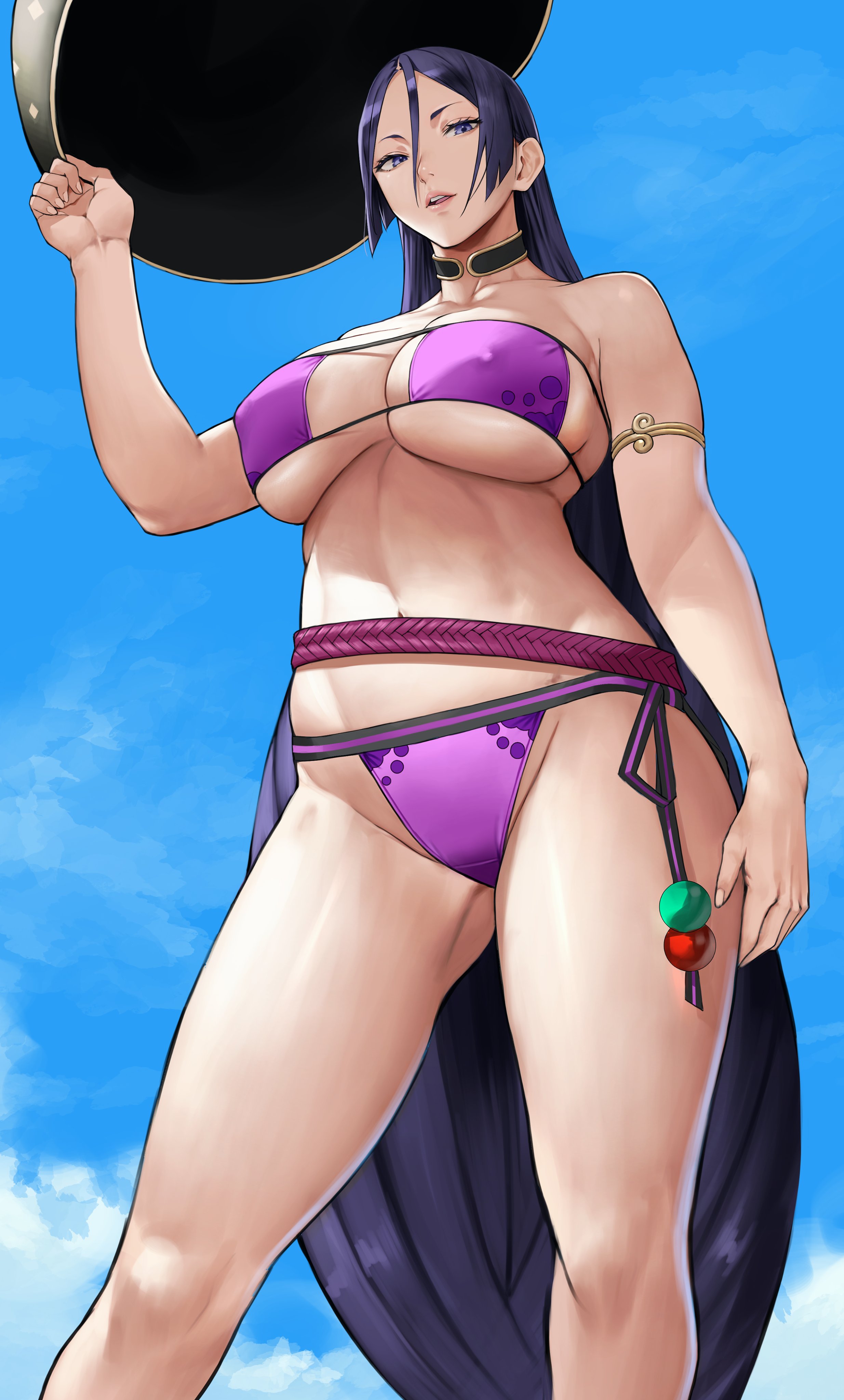 1girls, big breasts, bikini, bikini bottom, bikini top, breasts, cleavage, eyepatch bikini, fate (series), fate/grand order, female, female only, hair, huge breasts, lips, long hair, mature, mature female, milf, minamoto no raikou (fate/grand order), purple bikini, purple eyes, purple hair, solo, solo female, swimwear, yoshi55level