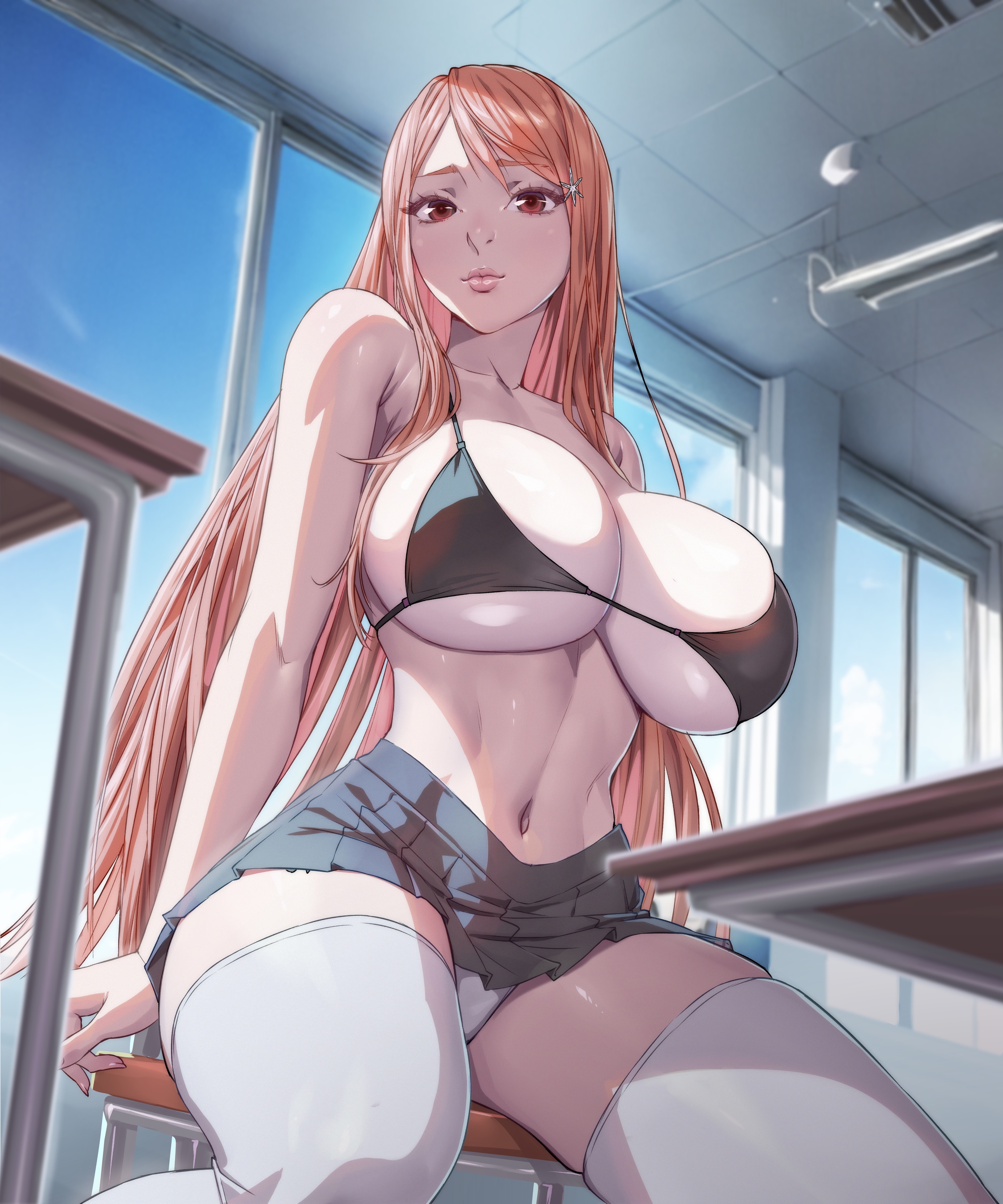 1girls, alternate version available, arttoru, bikini, bikini top, bleach, bra, breasts, female, female only, fit female, full lips, hourglass figure, huge breasts, huge thighs, human, human female, inoue orihime, large breasts, light-skinned female, long hair, navel, school, skirt, slim waist, solo, thick thighs, thighhighs, very long hair, wide hips