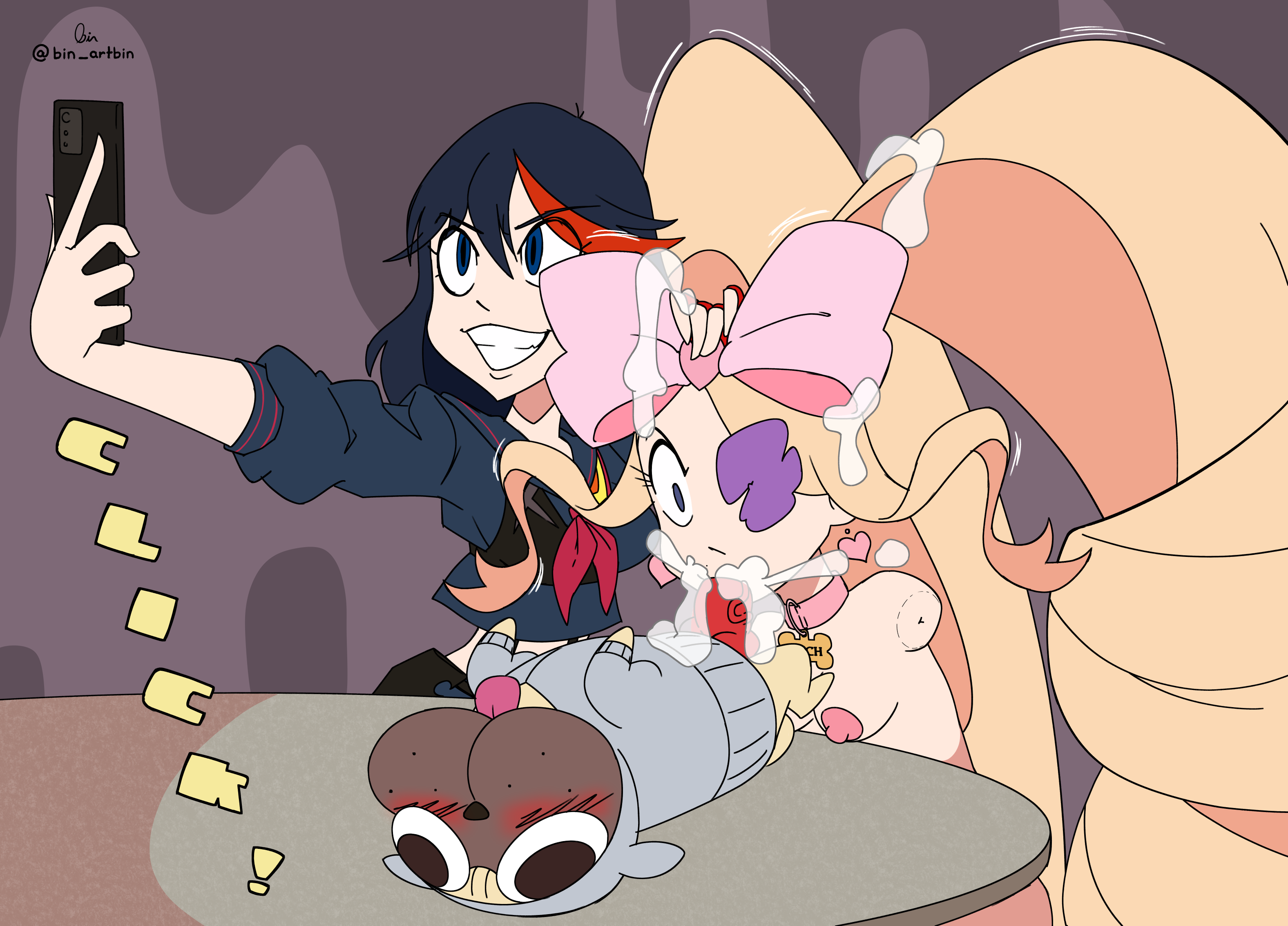 amputee, assisted rape, bin artbin, blowjob, female, female assisted rape, guts (kill la kill), harime nui, humiliation, kill la kill, matoi ryuuko, punishment, rape, selfie, zoophilia