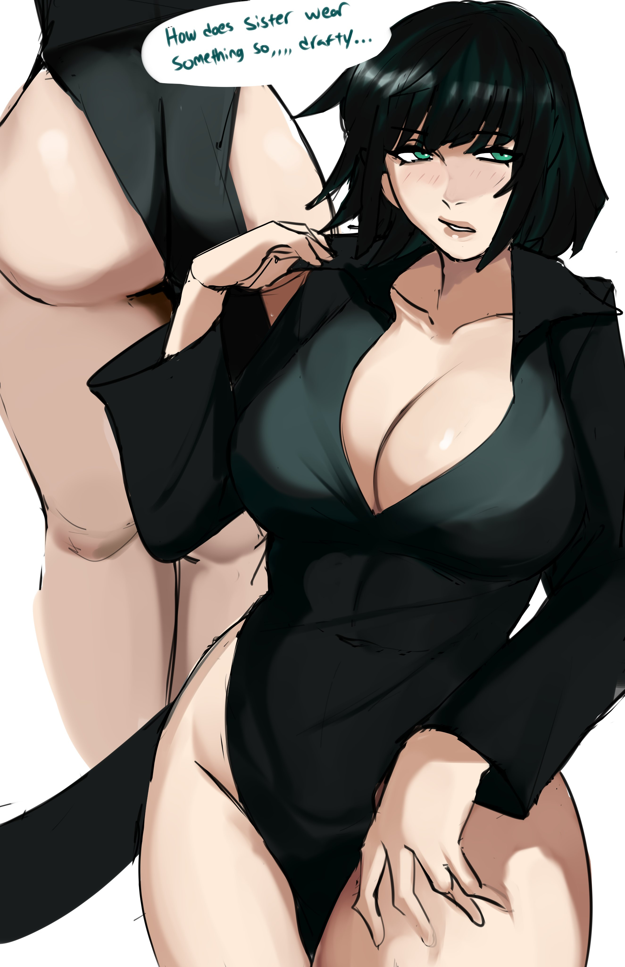 1girls, 2023, 2d, 2d (artwork), absurd res, ass, back view, bangs, big ass, big breasts, big butt, breasts, busty, cleavage, clothed, clothing, curvaceous, curvy, curvy body, curvy female, curvy figure, dark green hair, dress, english text, fat ass, female, female only, fringe, front view, fubuki (one-punch man), green hair, highres, hips, hourglass figure, human, human only, large ass, large breasts, legs, light skin, light-skinned female, medium hair, one-punch man, puzzled artist, questionable, round ass, shiny skin, short hair, solo, solo female, talking to self, text, thick ass, thick thighs, thighs, voluptuous, wearing another person's clothing, wide hips