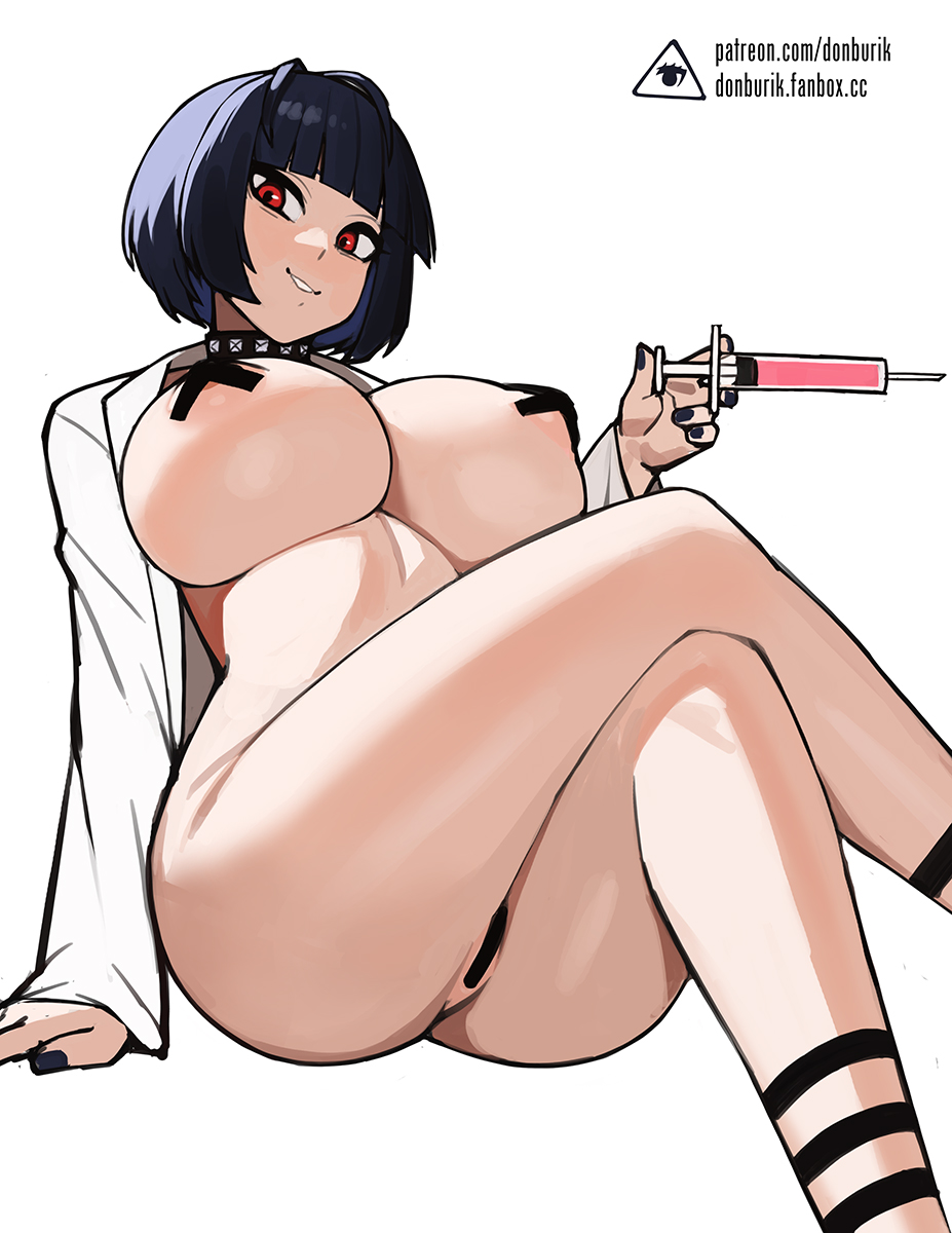 1girls areolae atlus big_breasts black_nail_polish black_nails black_pasties breasts collar dark_blue_hair donburikazoku female female_only functionally_nude functionally_nude_female goth hair holding_object holding_syringe huge_breasts legs_crossed looking_at_viewer maebari mature mature_female mature_woman nail_polish nails naked_choker naked_labcoat neckwear pasties persona persona_5 red_eyes short_hair smile solo solo_female spiked_collar studded_collar syringe tae_takemi thighs x_pasties