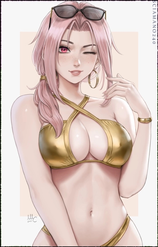 1girls big_breasts bikini bikini_bottom bikini_top blush blush blushing_at_viewer chloe_(sciamano240) female female female_only golden_bikini looking_at_viewer meme mirco_cabbia oc original original_character pink_eyes pink_hair sciamano240 shirt_cut_meme smile smiling smiling_at_viewer solo solo_female solo_focus wide_hips wink winking winking_at_viewer