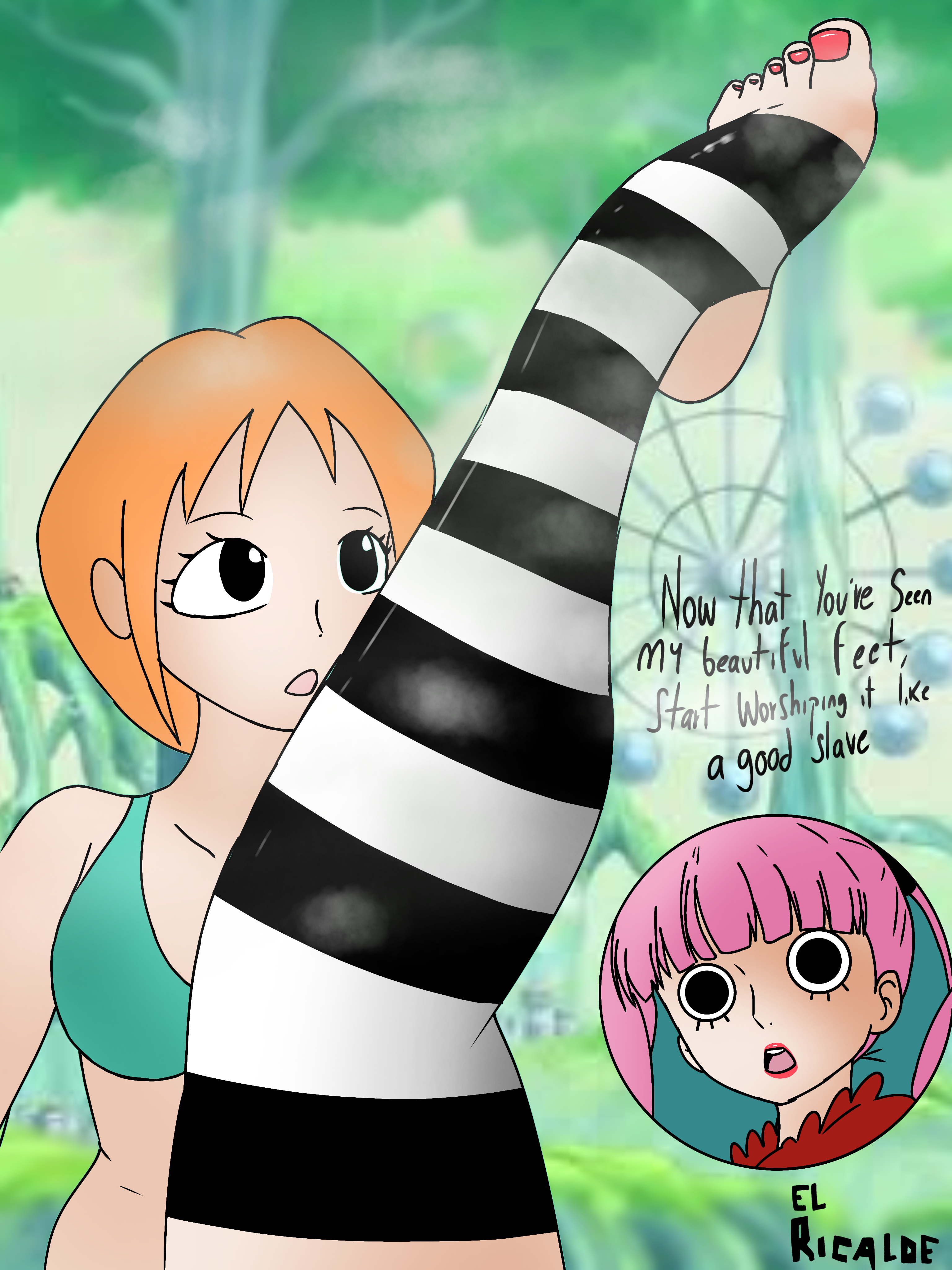 anime, el ricalde, feet, feet up, female, female only, foot fetish, nails, nails painted, nami (one piece), one piece, perona, pre-timeskip, red toenails, sabaody archipelago, smelly, socks, sweat, text