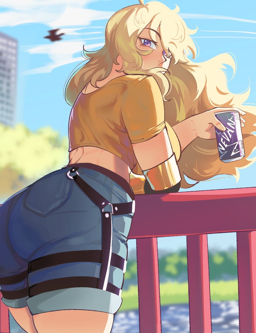 1girls ahoge ass bird blonde_hair crop_top denim denim_shorts from_behind hentaly large_breasts long_hair looking_at_viewer nice_ass o-ring outdoors prosthetic prosthetic_arm rwby soda solo tagme thick violet_eyes wind wind_lift yang_xiao_long