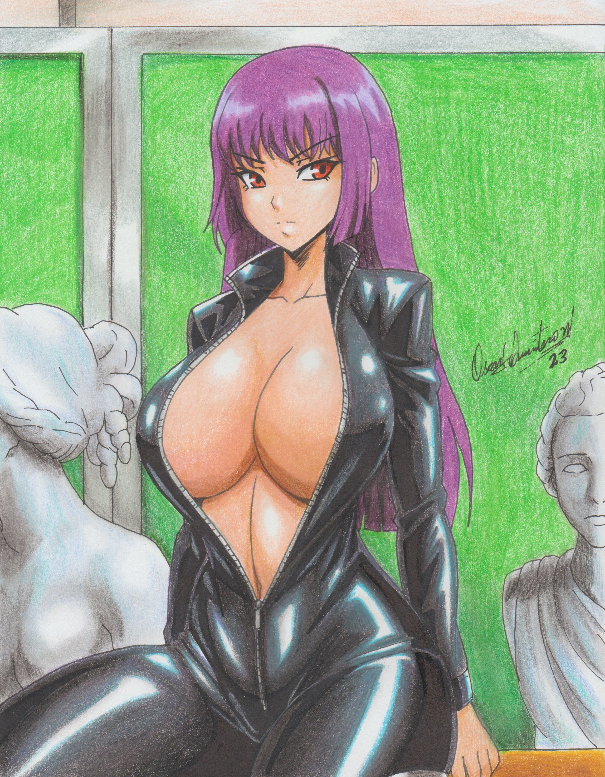 1girls, 2023, big breasts, breasts, cleavage, clothed, clothing, curvy, female, female focus, female only, huge breasts, leather, long hair, navel, pencil (artwork), please don't bully me, nagatoro, pose, president (nagatoro), purple hair, ravern clouk, red eyes, revealing clothes, sana sunomiya, sitting, solo, unzipped, unzipped bodysuit, watermark, wide hips