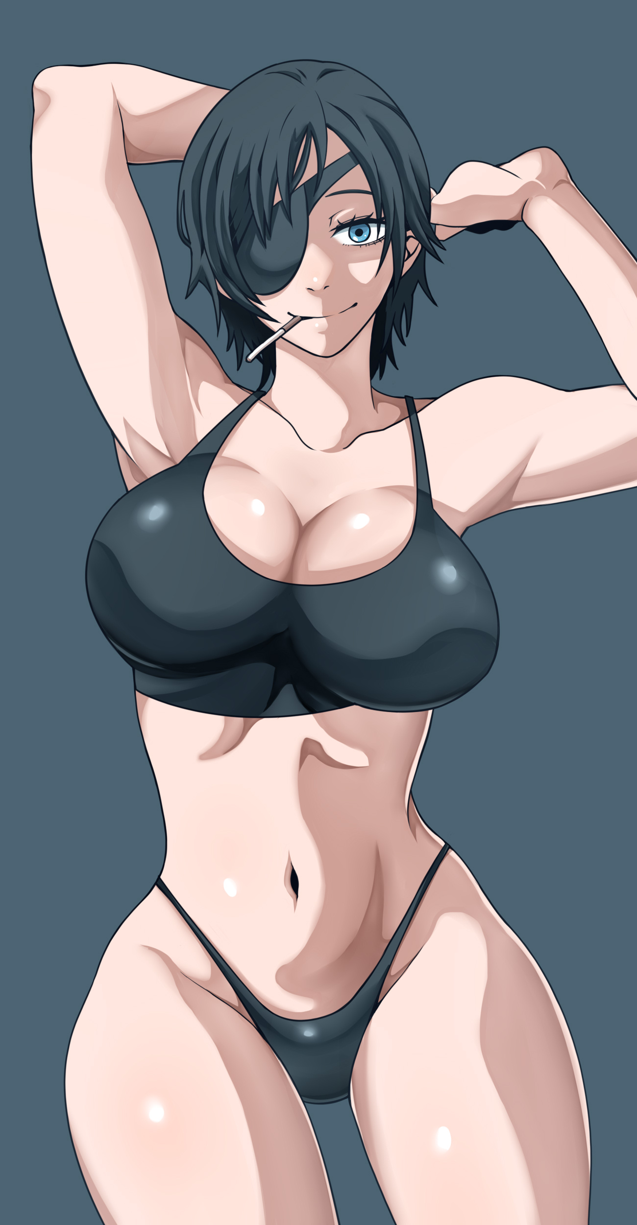 black bra, black hair, blue eyes, bra, breasts, chainsaw man, cigarette, cigarette in mouth, deaf (artist), female, himeno (chainsaw man), huge breasts, looking at viewer, seductive, seductive smile, short hair, topless