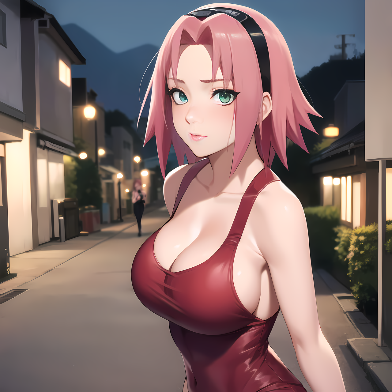 1girls, ai generated, alternate breast size, breasts, cleavage, dress, female, female only, green eyes, looking at viewer, nai diffusion, naruto, naruto (series), naruto shippuden, no bra, outdoors, pink hair, revealing clothes, sakura haruno, solo, solo focus, stable diffusion, street, upper body