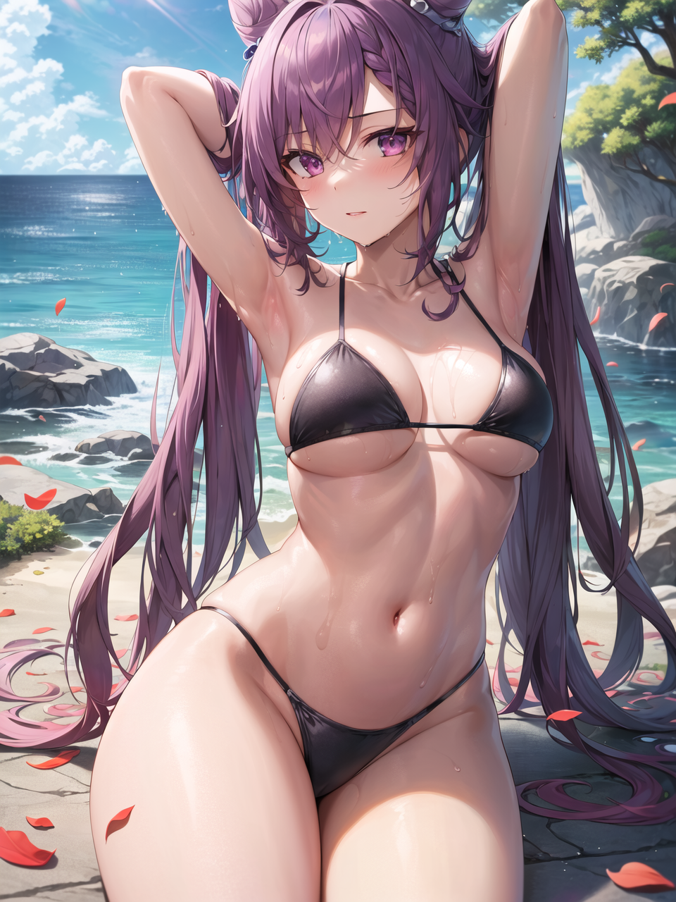 1girls, ai generated, armpits, arms behind back, arms up, big breasts, bikini, breasts, curvaceous, curvy body, curvy female, curvy figure, female, female focus, female only, genshin impact, hi res, high resolution, keqing (genshin impact), mihoyo, seductive look, stable diffusion, voluptuous female