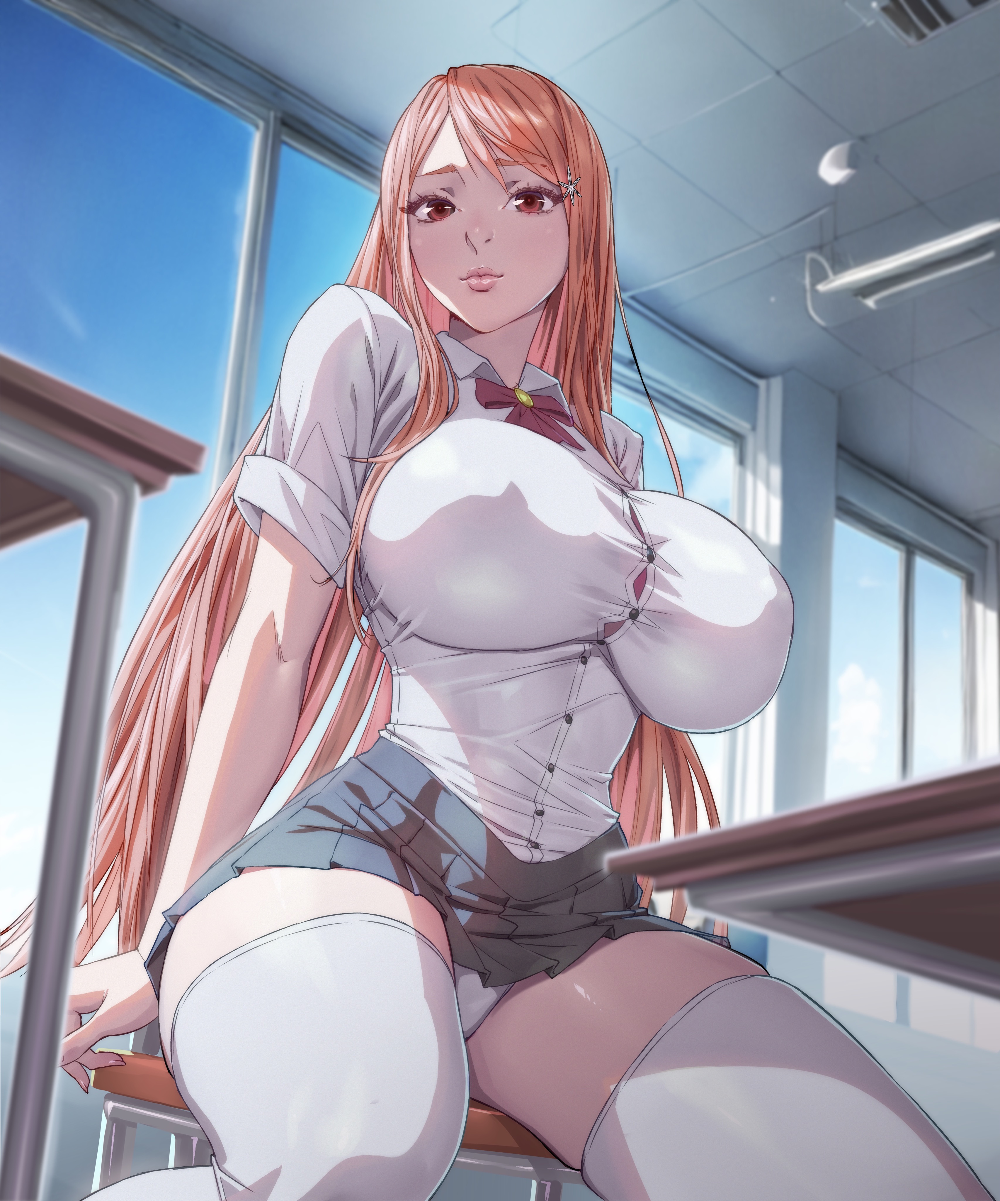 1girls, about to burst, about to pop, alternate version available, arttoru, barely contained, barely contained breasts, barely fits, bleach, breasts, breasts too big, bursting breasts, button down shirt, button gap, button up shirt, buttons, female, female human, female only, fit female, full lips, hourglass figure, huge breasts, huge thighs, human, human female, imminent wardrobe malfunction, inoue orihime, large breasts, light skin, light-skinned female, long hair, school, school uniform, skirt, slim waist, solo, strained buttons, straining buttons, thick thighs, thighhighs, tight fit, too tight, undersized clothes, undersized clothing, variant, variant set, very long hair, visible nipples, wide hips