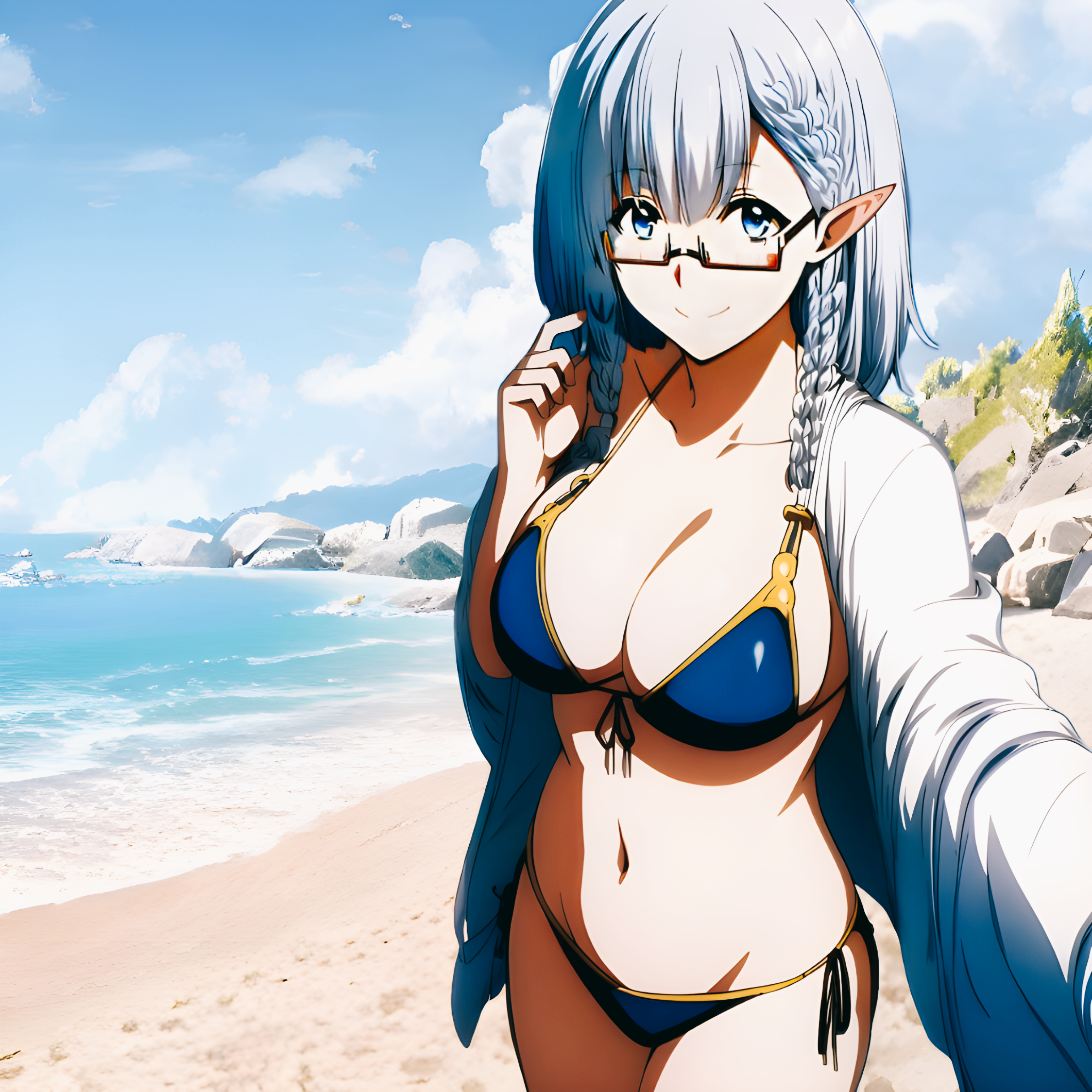 1girls, ai generated, beta (the eminence in shadow), big breasts, bikini, blue bikini, blue eyes, breasts, busty, female, female only, glasses, grey hair, highres, jacket, kage no jitsuryokusha ni naritakute!, large breasts, legs, looking at viewer, navel, open clothes, open jacket, pointy ears, short hair, smile, solo, swimsuit, the eminence in shadow, thighs, voluptuous