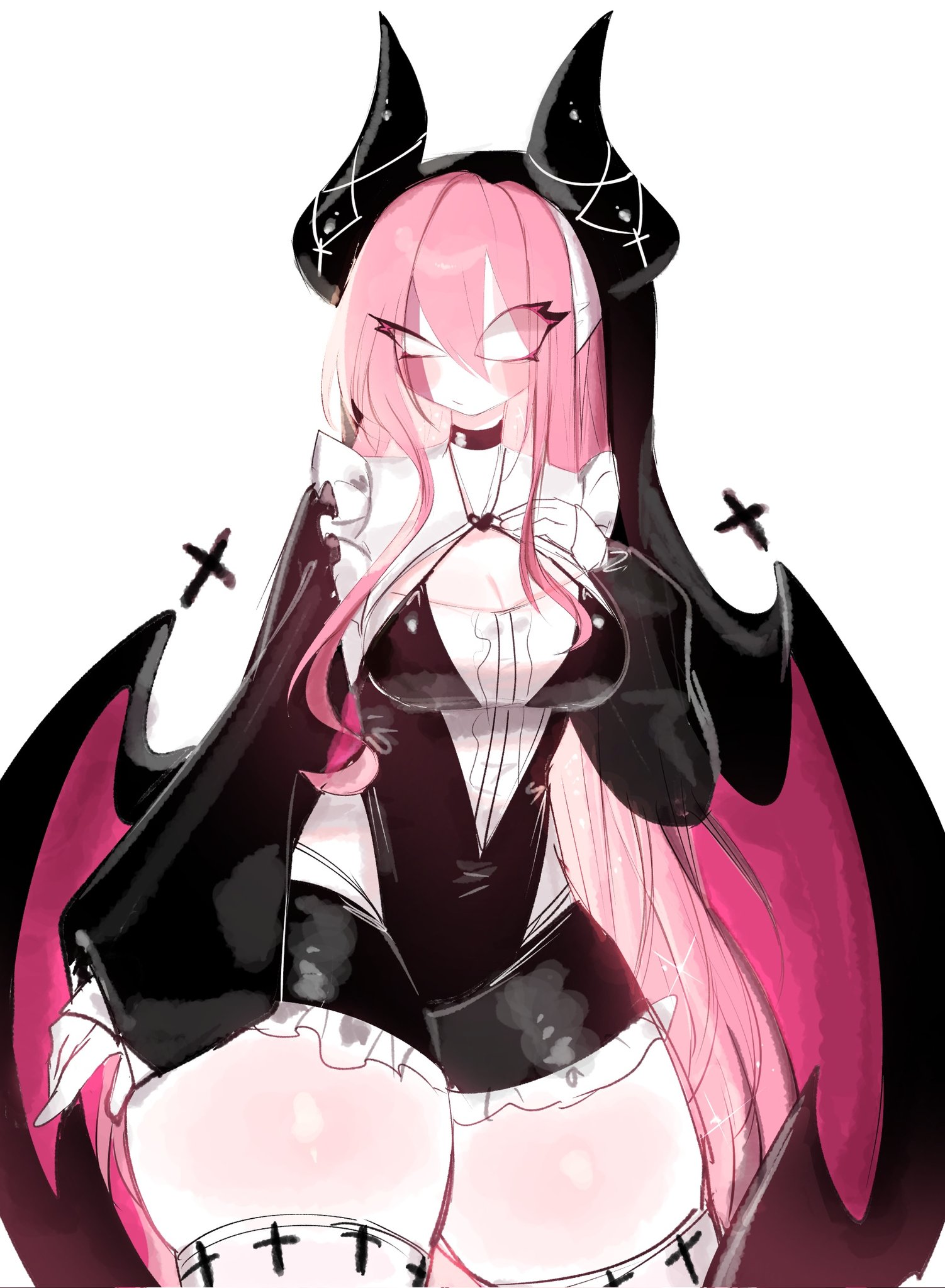 1girls, 2023, breasts, female, female only, friday night funkin, horns, no pupils, pink hair, sarvente, sarvente (demon form), sarvente (dokki.doodlez), sarvente (fnf mod), sarvente (friday night funkin), tagme, thick thighs, thighhighs, thighs, usa37107692, white background