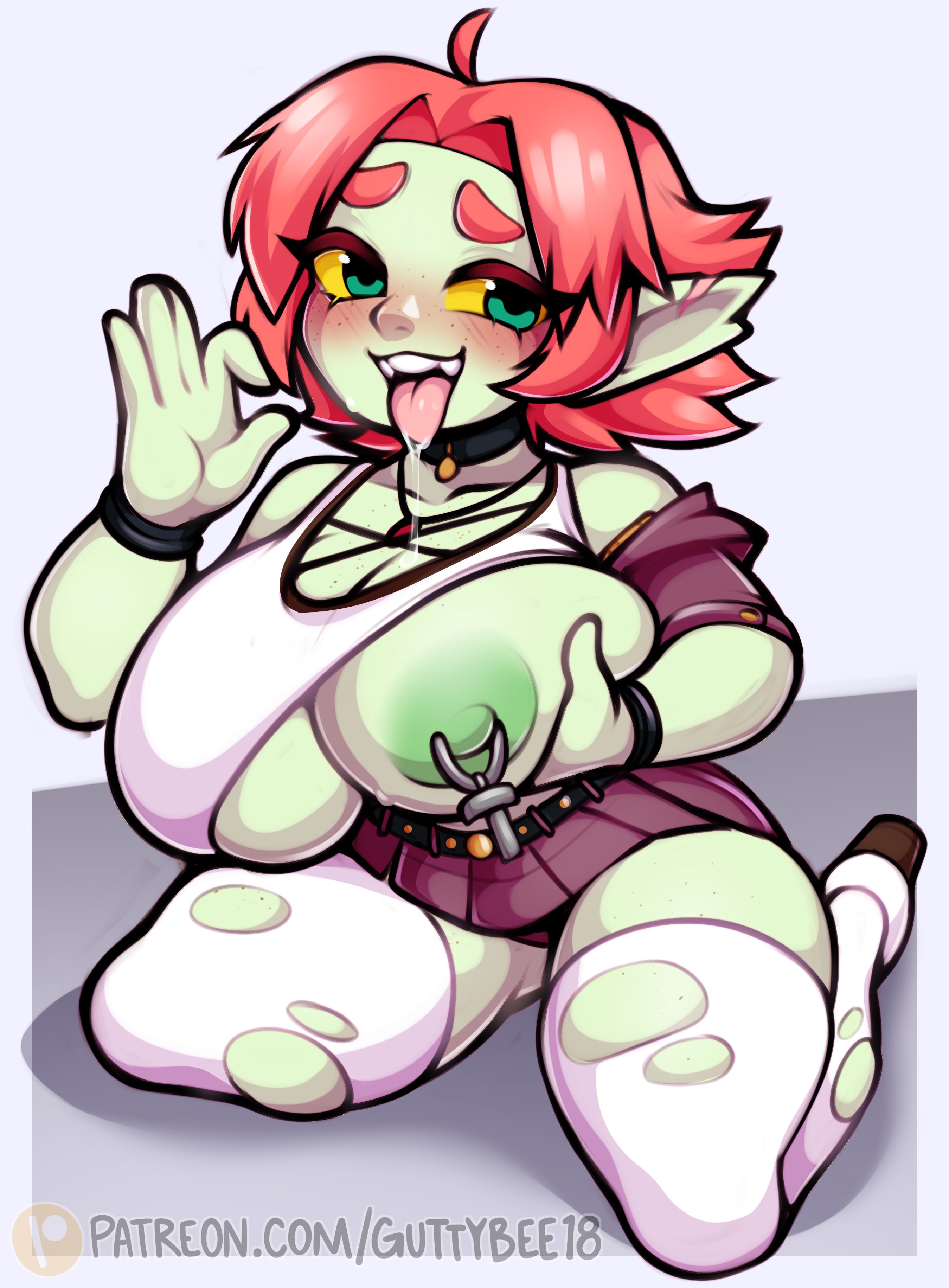 1girls, ahoge, anart (cliffpadfoot), areolae, big breasts, blush, breast grab, breasts, choker, drooling, fellatio gesture, female, female only, freckles, gesture, goblin, goblin female, grabbing own breast, green eyes, green skin, green-skinned female, guttybee, humanoid pointy ears, kneeling, nipple rings, nipples, open mouth, orange eyebrows, orange hair, pointy ears, shortstack, solo, thick thighs, thighhighs, tongue, tongue out, torn thighhighs, very high resolution, voluptuous, white thighhighs, yellow sclera