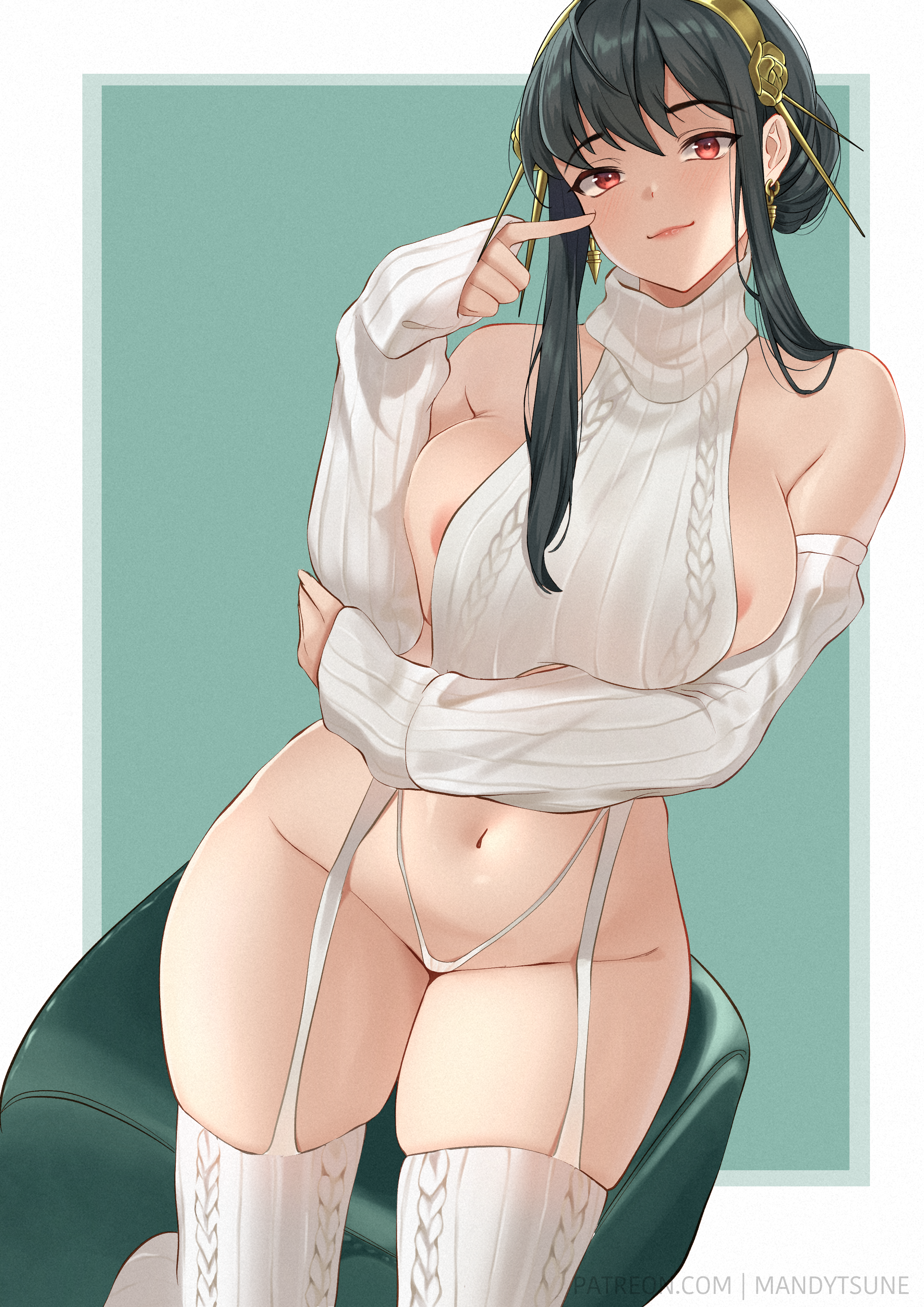 1girls, areola slip, areolae, black hair, breasts, female, high resolution, hips, huge breasts, light skin, light-skinned female, mandytsune, navel, panties, red eyes, slim waist, spy x family, sweater, thick thighs, thighs, tied hair, virgin destroyer sweater, virgin killer sweater, wide hips, yor briar, yor forger