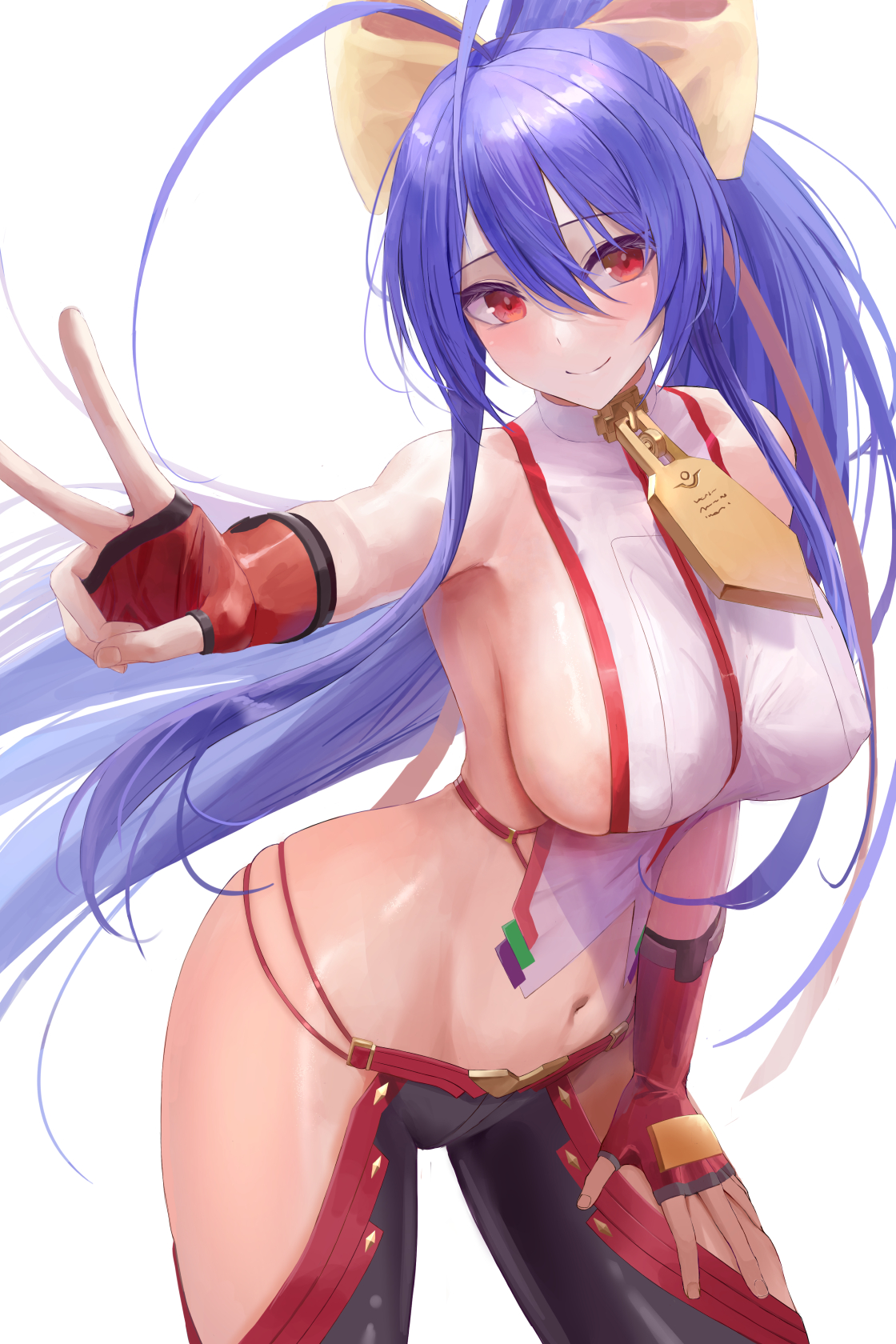 1girls, areola slip, big breasts, blazblue, blue hair, breasts, busty, female, female only, fingerless gloves, gloves, hair ribbon, hand on leg, hand on own leg, hand on own thigh, hand on thigh, highres, large breasts, leaning forward, long hair, looking at viewer, mai natsume, midriff, navel, pants, ponytail, red eyes, ribbon, sideboob, smile, v, voluptuous