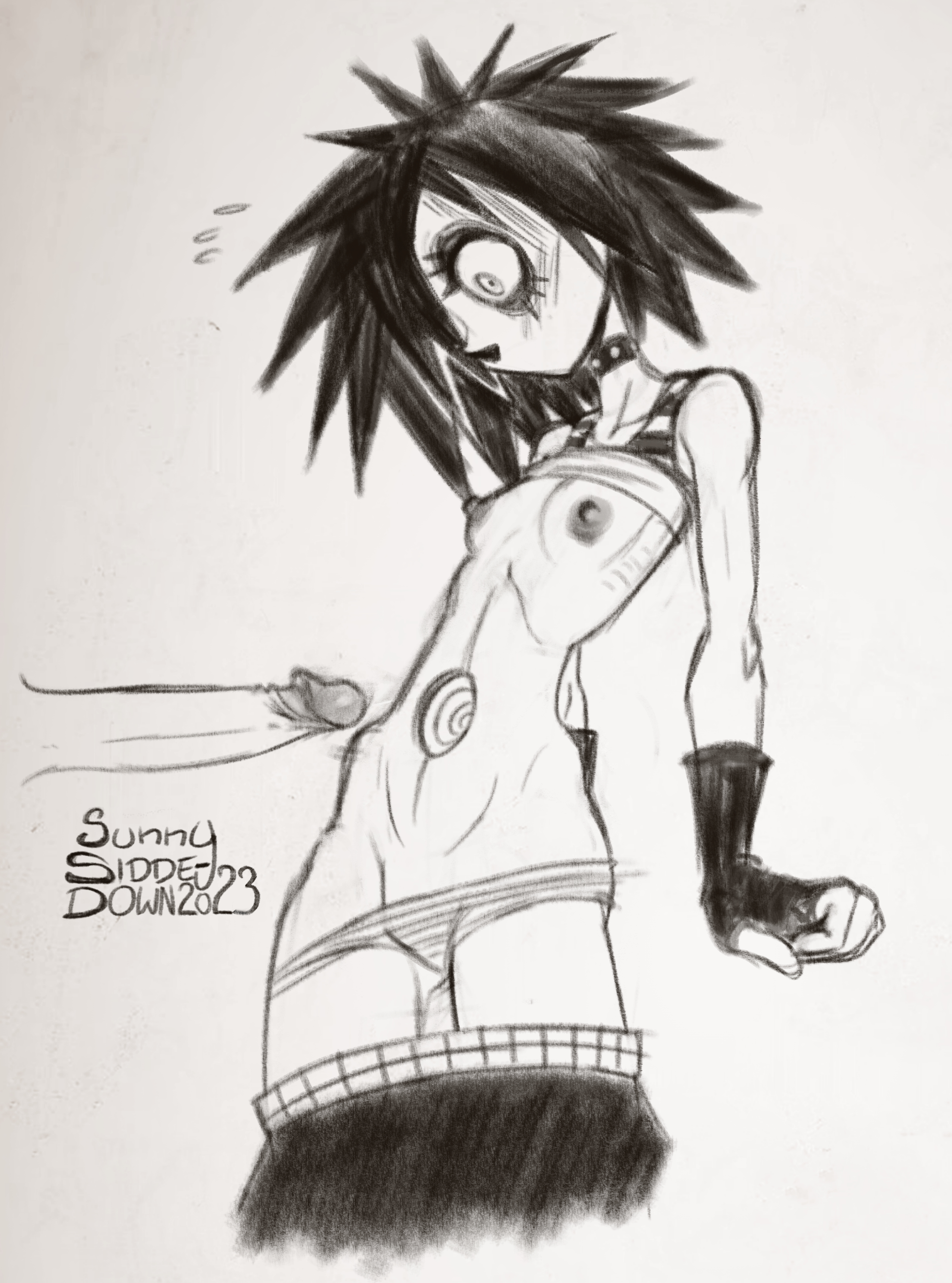 arms, black and white, black hair, collar, emo, emo fashion, emo girl, emo hair, erection, eyes, female, i can't sleep, legs, male, nia (i can't sleep), nipples, panties, penis, shoulders, skirt, spiky hair, spiral, sunny sidde-down, uncensored, unseen male face, youtube