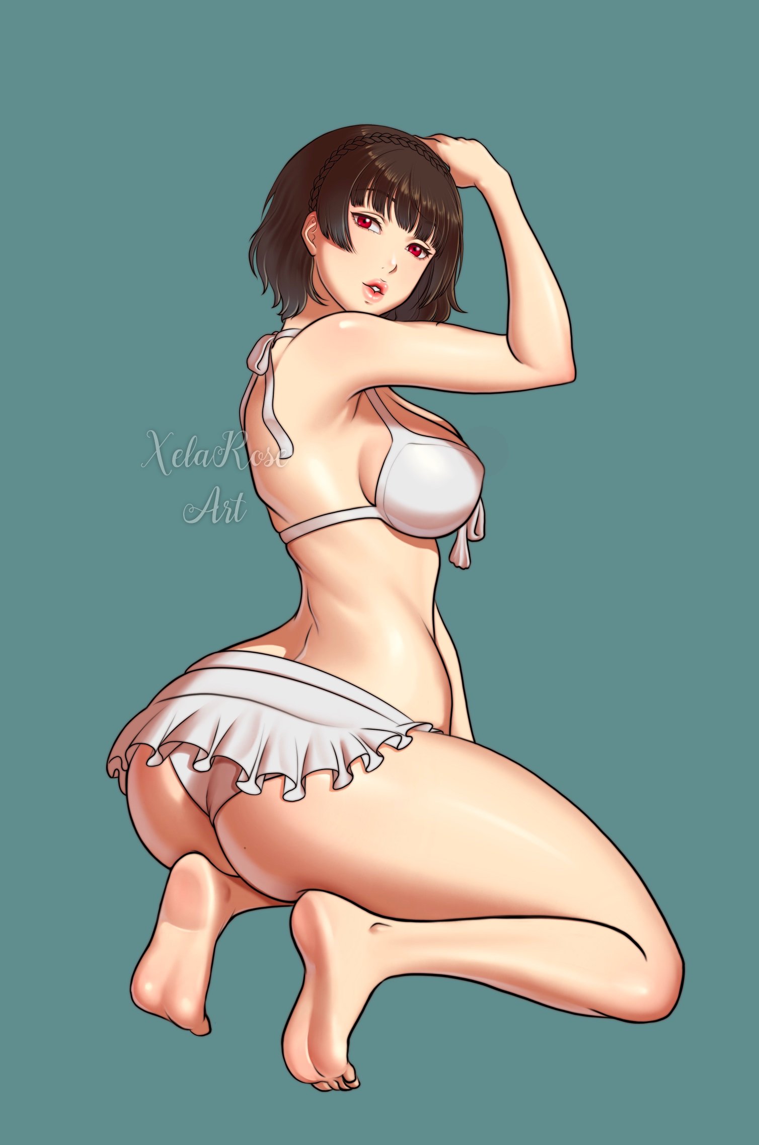 alternate costume, ass, barefoot, bikini, breasts, feet, female, female only, large ass, makoto niijima, makoto niijima (swimsuit), persona, persona 5, red eyes, solo, squatting, swimsuit, tagme, thick thighs, xelaroseart