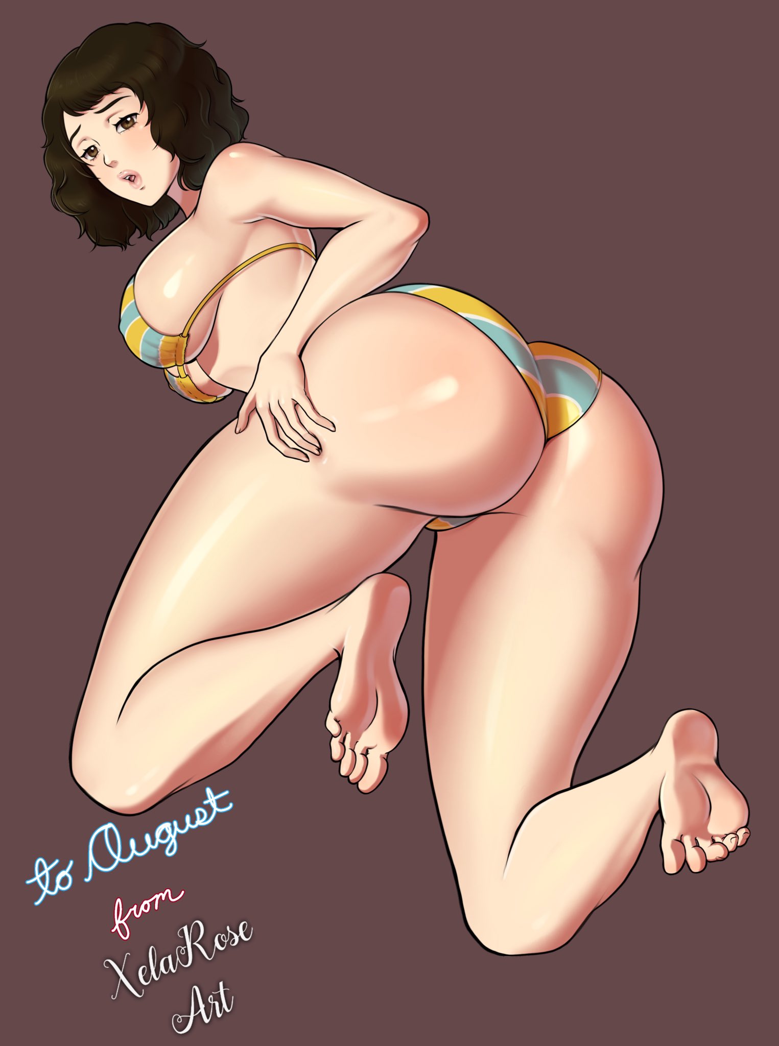alternate costume, ass, barefoot, bikini, breasts, feet, female, female only, large ass, large breasts, medium hair, persona, persona 5, red eyes, sadayo kawakami, solo, swimsuit, swimwear, tagme, teacher, thick thighs, xelaroseart
