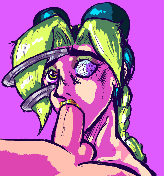 1boy 1girls ambiguous_gender birthmark blue_hair defeated defeated_heroine dubious_consent eyelashes eyeshadow fellatio female forced_oral green_eyes green_hair green_lipstick jojo's_bizarre_adventure jolyne_kujo just_a_lil_guy lipstick looking_at_viewer looking_up male male/female nude nude_female nude_male penis purple_background rape simple_background solid_color_background somnophilia stand_ability stone_ocean straight two_tone_hair unconscious whitesnake