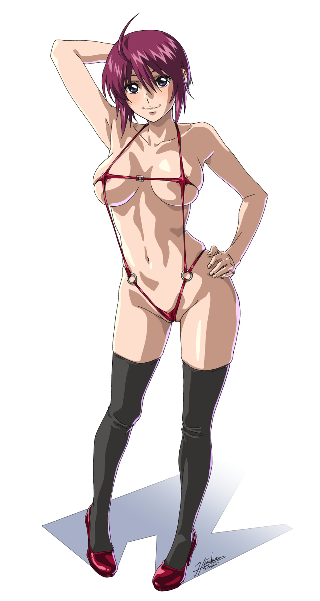 1girls arms_behind_head arms_up big_breasts breasts female female_focus female_only gundam gundam_seed gundam_seed_destiny hand_behind_head hand_on_hip high_heels himemura_saki legwear lunamaria_hawke nipple_slip nipples pose posing red_hair sexy_armpits smile smiley_face